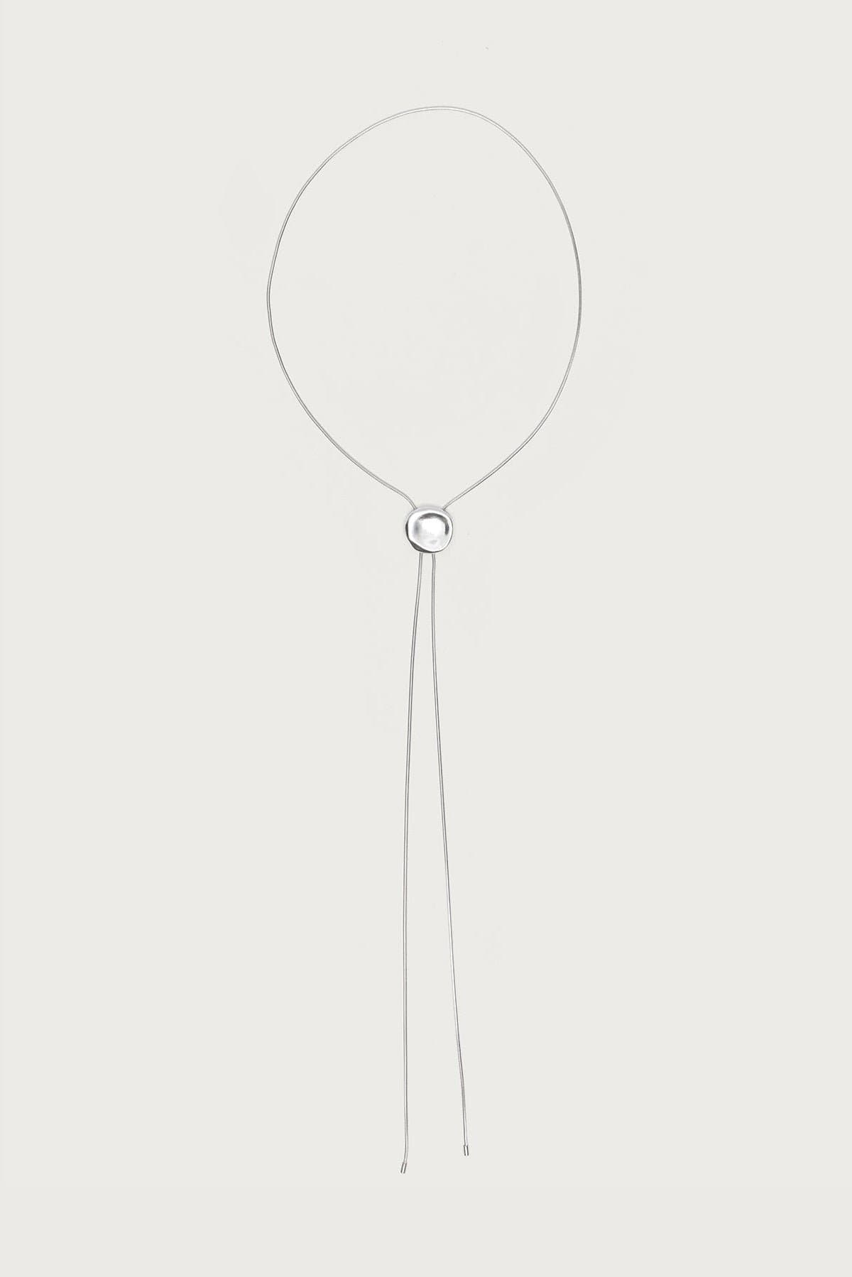 Bolo Necklace with Abstract Round Pendant in Silver Tone Metal 17.3" Length