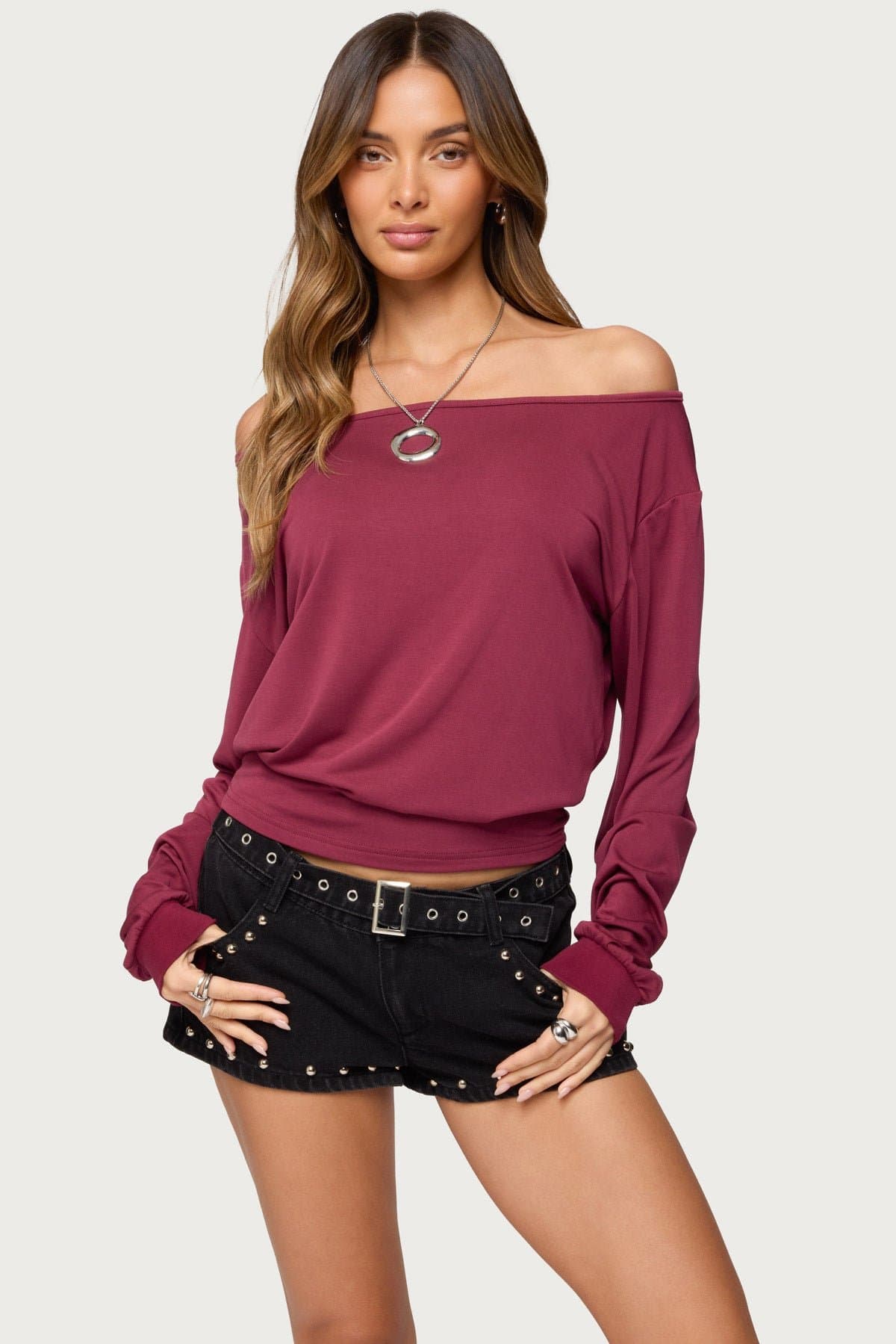 Nannie Off Shoulder Oversized Long Sleeve Top - Rayon Nylon Spandex