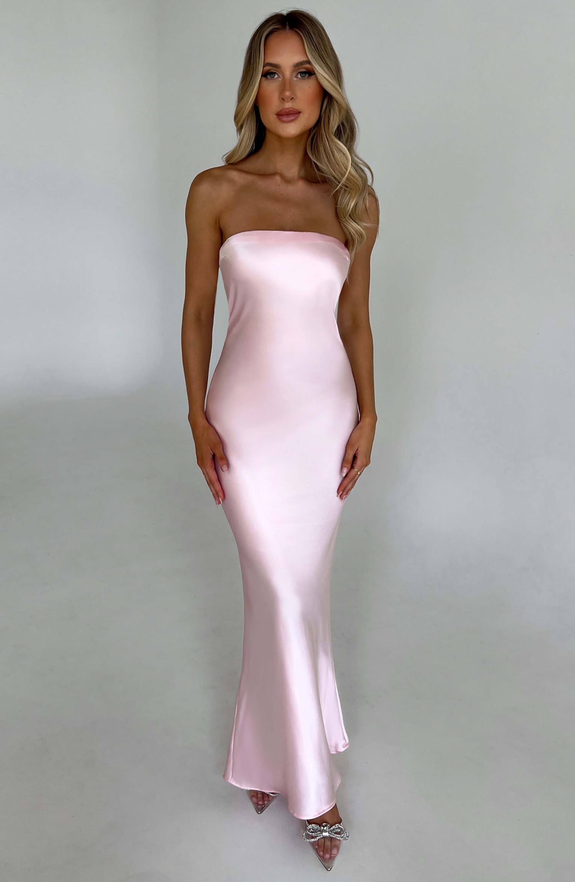 Rheanna Maxi Dress in Blush - Satin Bias Cut with Cowl Back