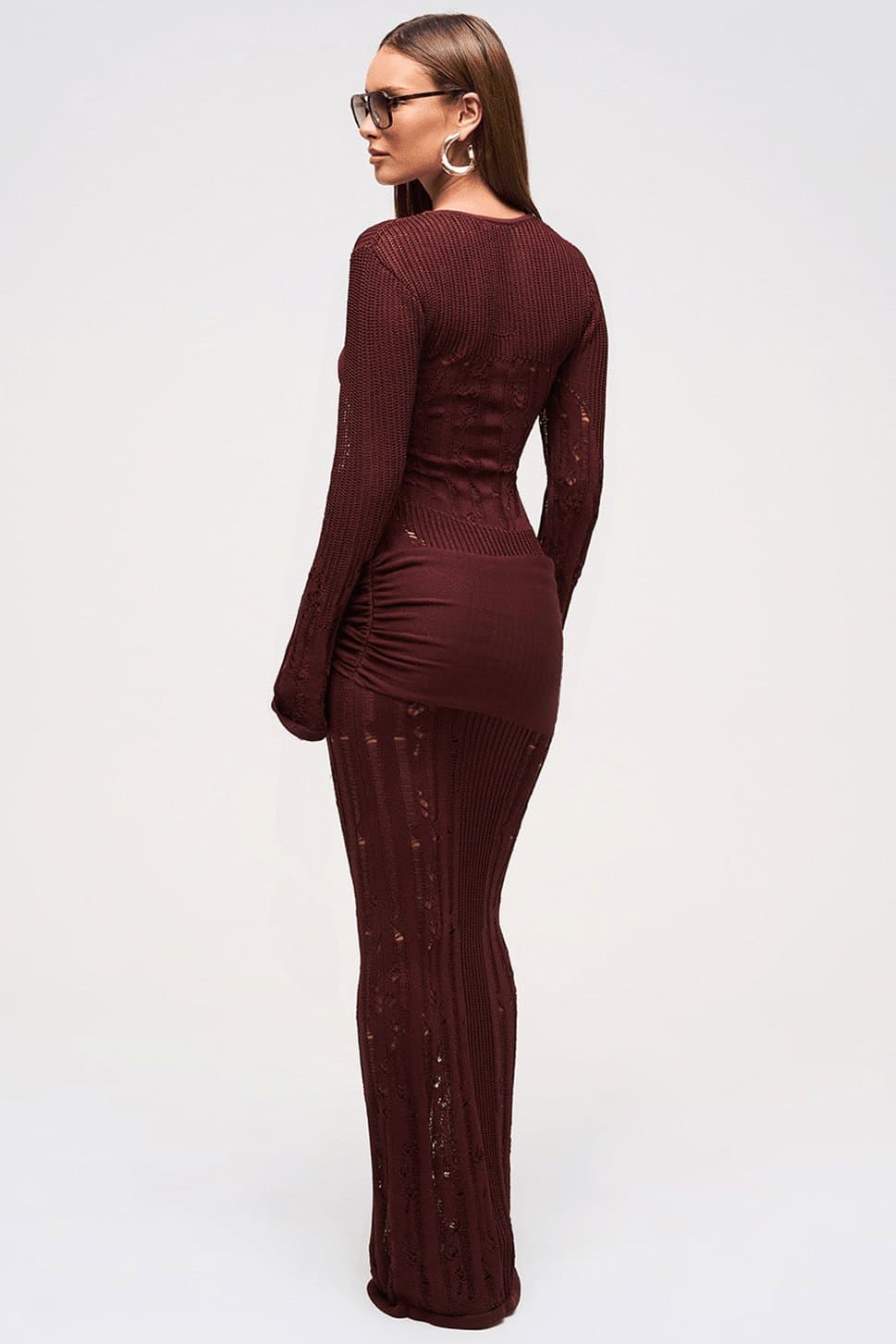 Mocha Knitted Maxi Dress with Laddered Panels, Keyhole Neckline, Full Length Sleeves