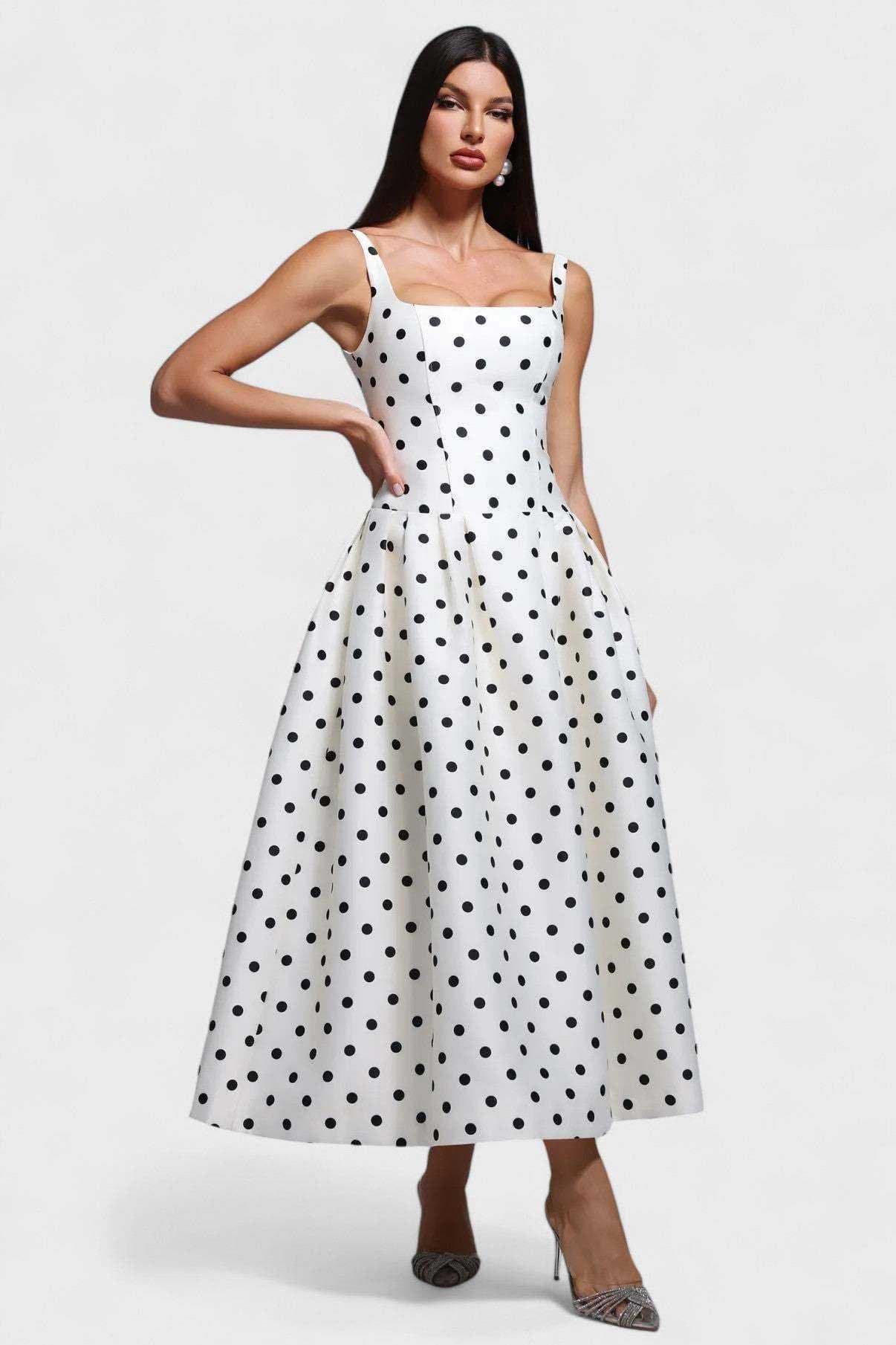 White Black Polka Dot Midi Dress – Corset Bodice A-Line Full Skirt Vintage Formal Dress