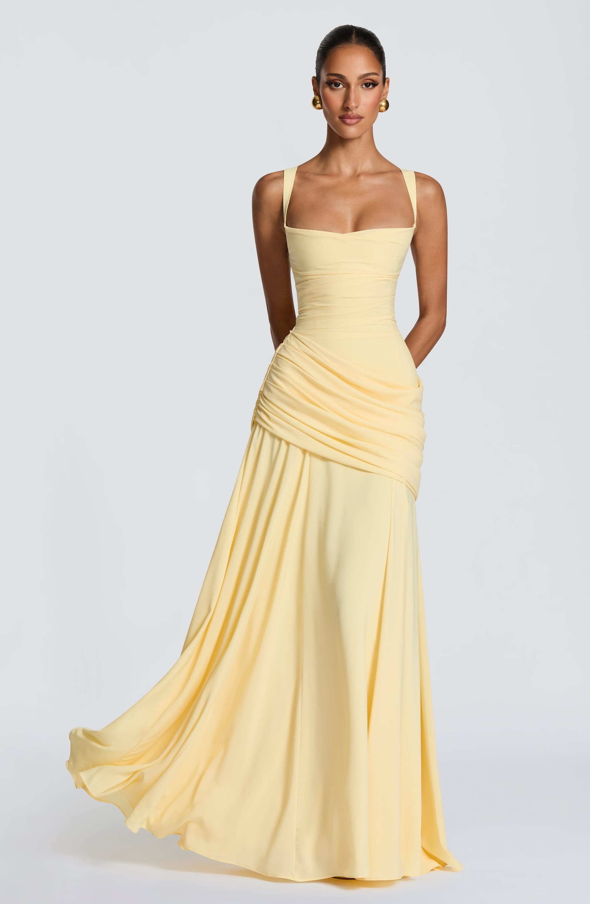 Sura Maxi Dress in Lemon Chiffon - Twist Cowl Neckline, Lace-Up Back
