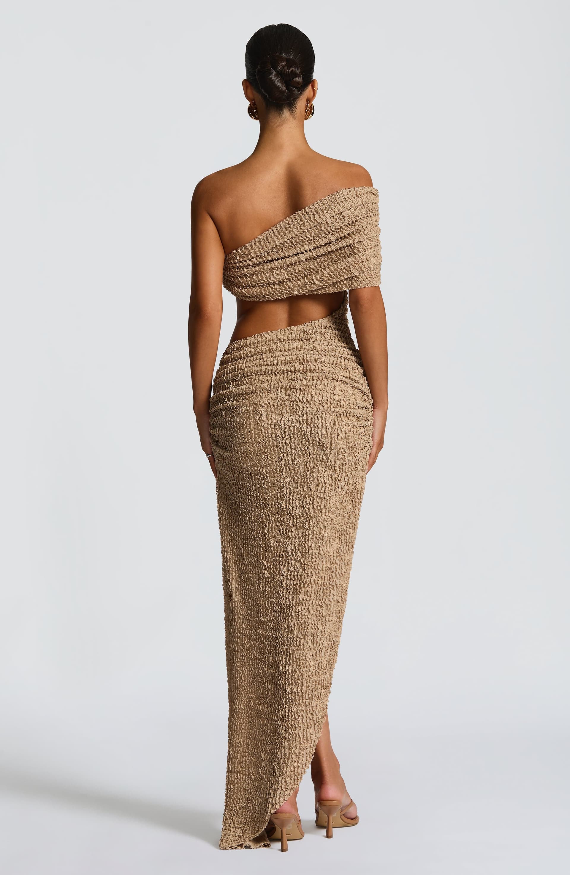 Laverna Beige Textured Midi Dress Asymmetric Bardot Neckline Ruched Bodice