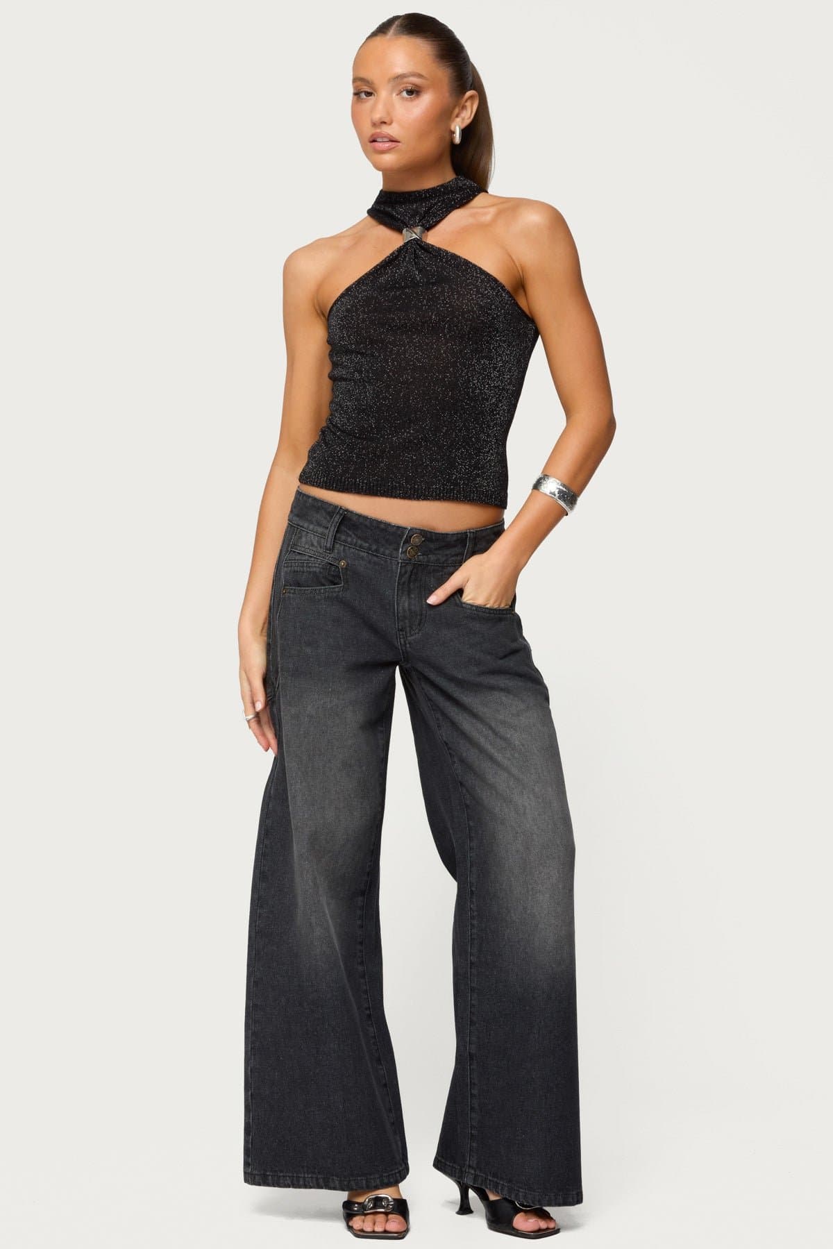 Nalia Gathered Ring Glitter Knit Top - High Neck Rayon Polyester