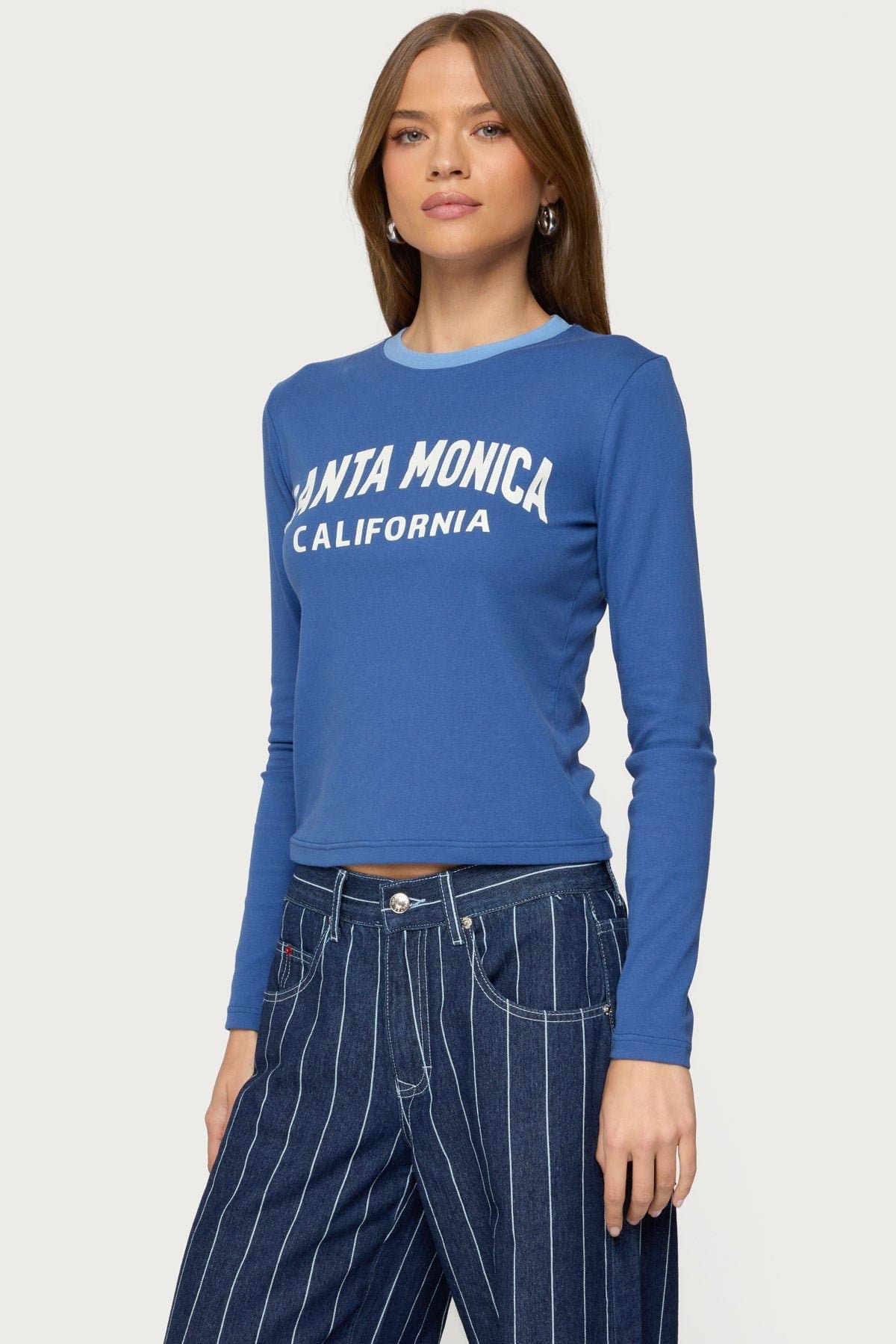 Santa Monica Long Sleeve T-Shirt with Contrast Trim and California Graphic