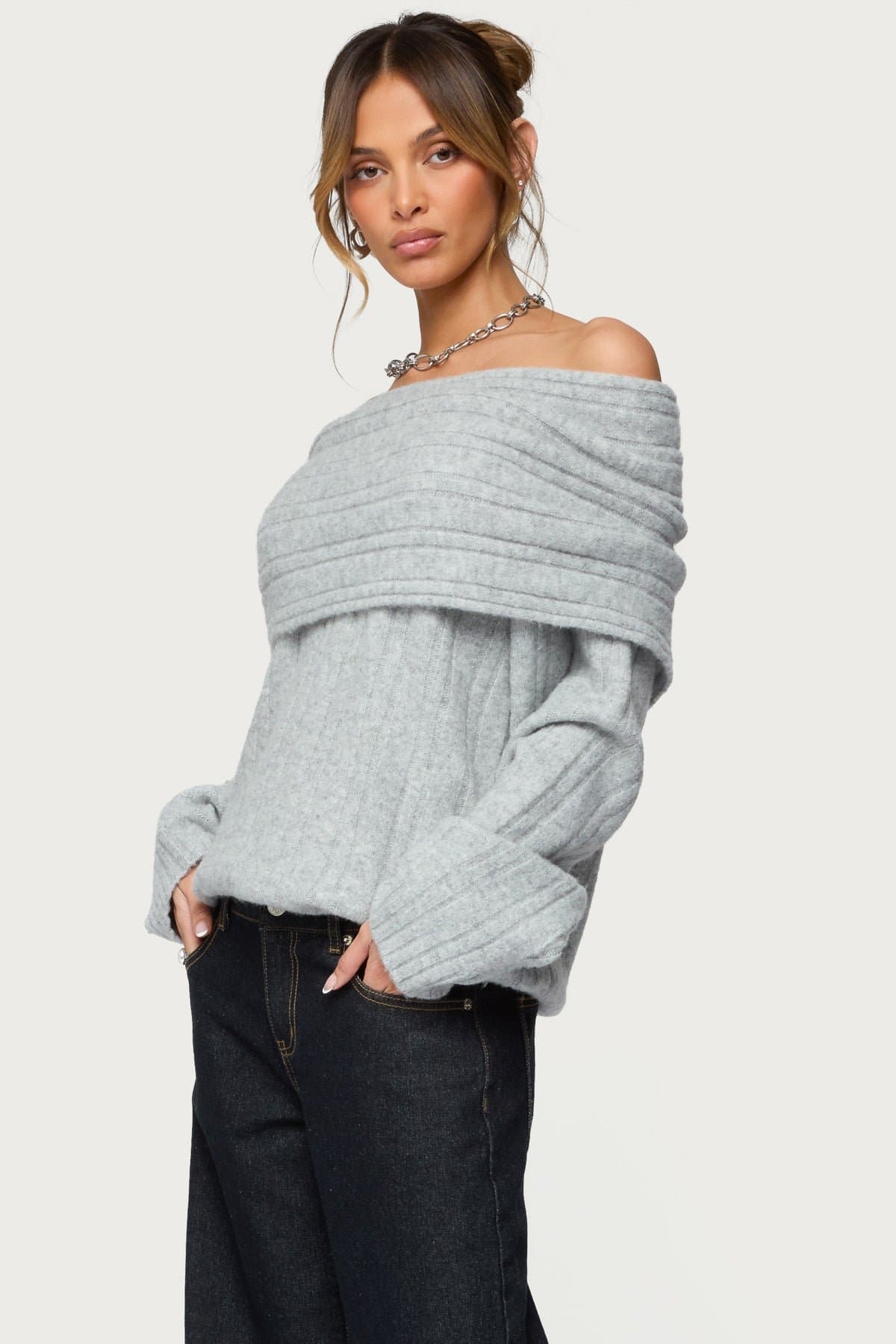 Kadenna Oversized Off Shoulder Sweater - Polyester Nylon Spandex Ribbed Knit
