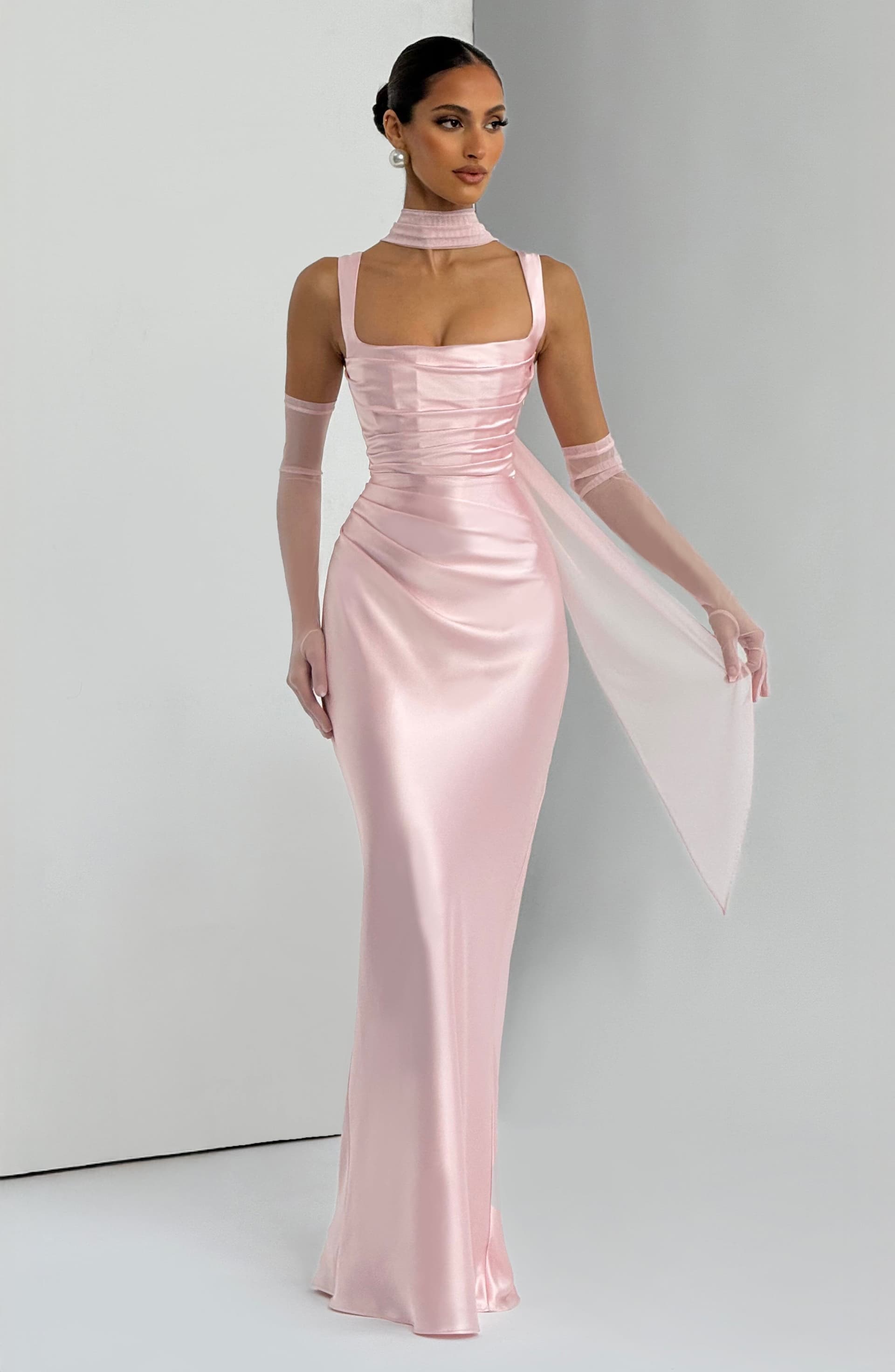 Calanthe Maxi Dress - Blush Satin Square Neckline Lace-Up Back