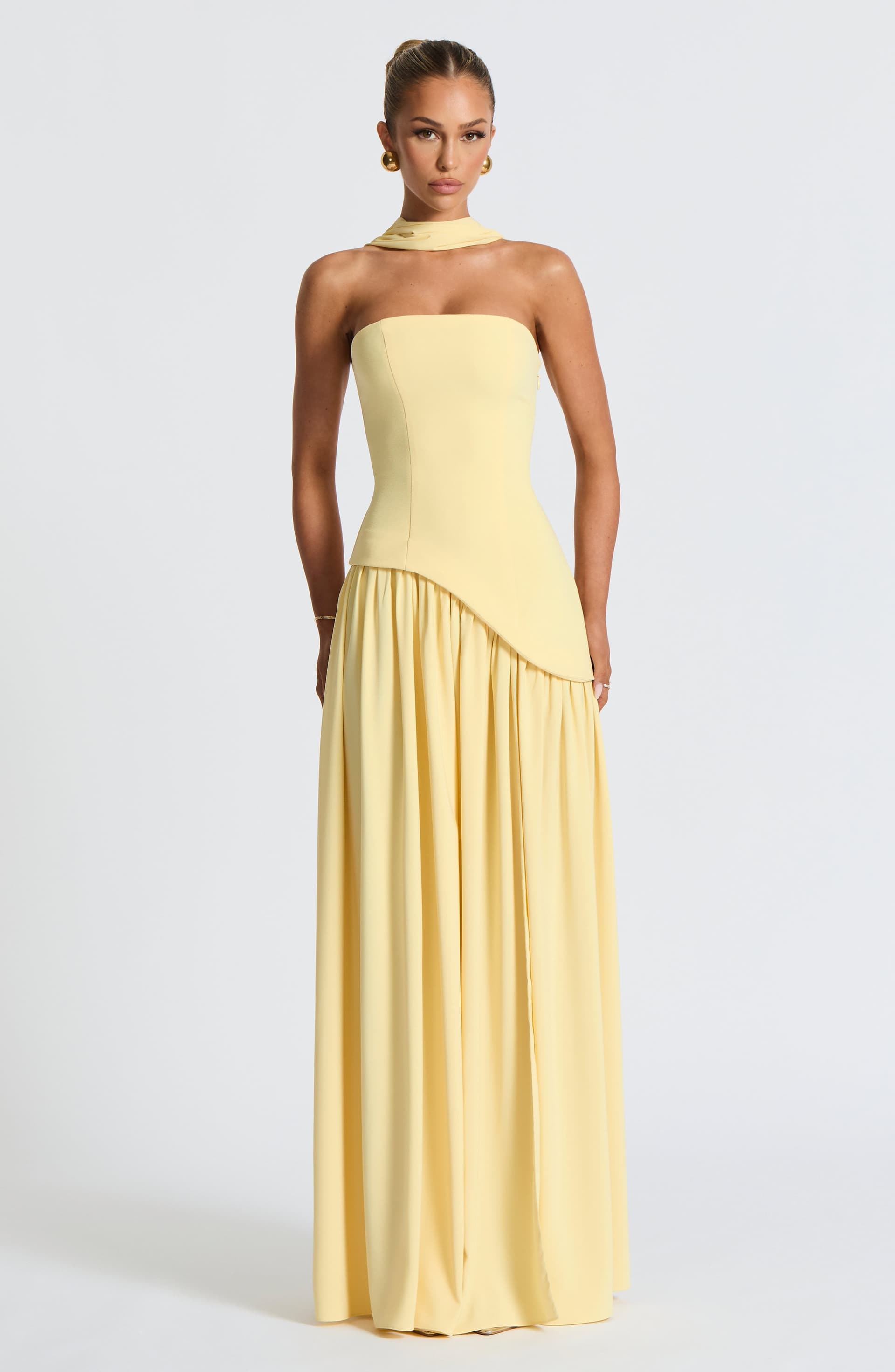 Maliyah Maxi Dress Lemon Crepe Bodice Chiffon Skirt Thigh High Split