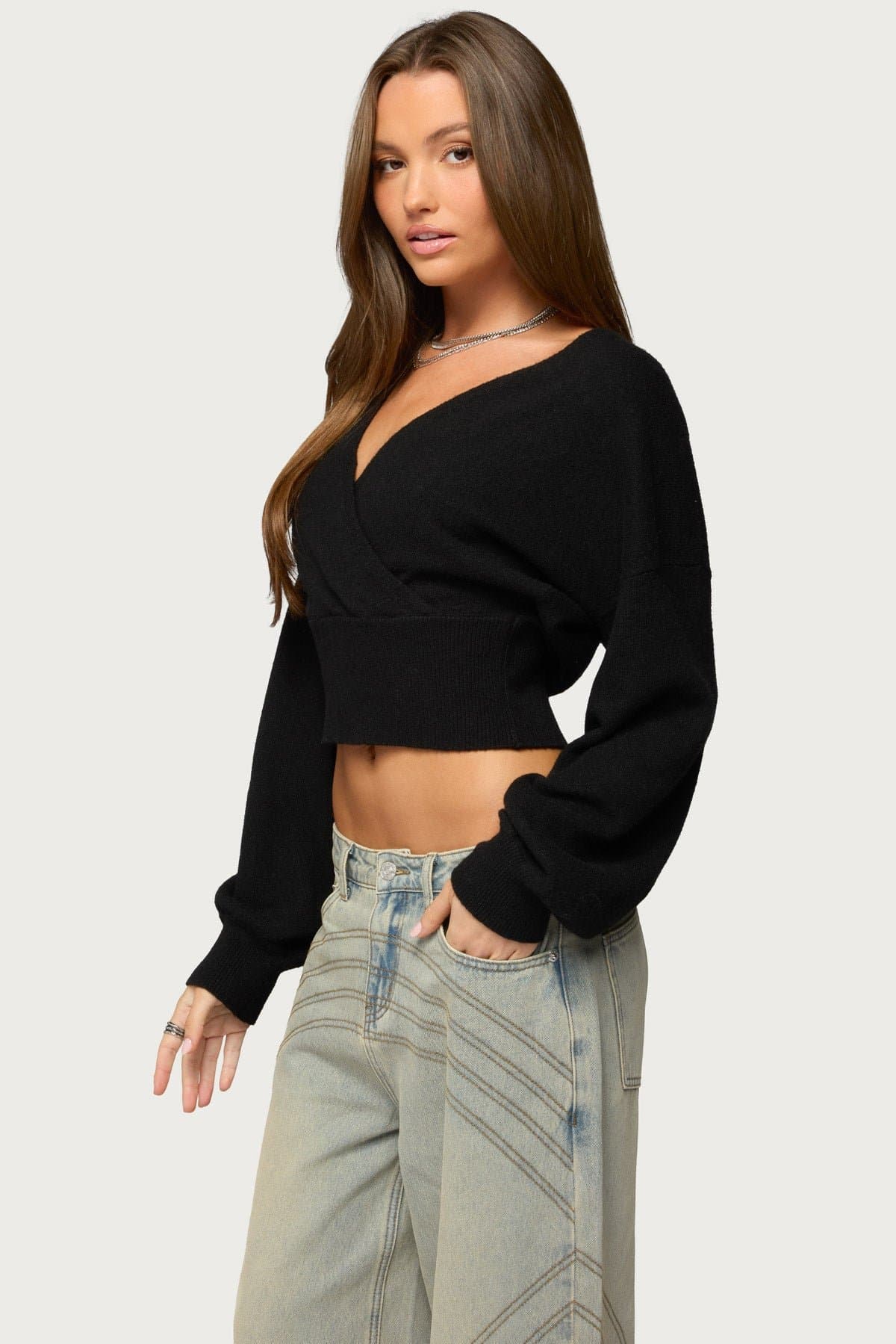 Lillia V Neck Wrap Sweater with Back Tie Closure - Cinched Waist Knit Polyester Nylon Spandex