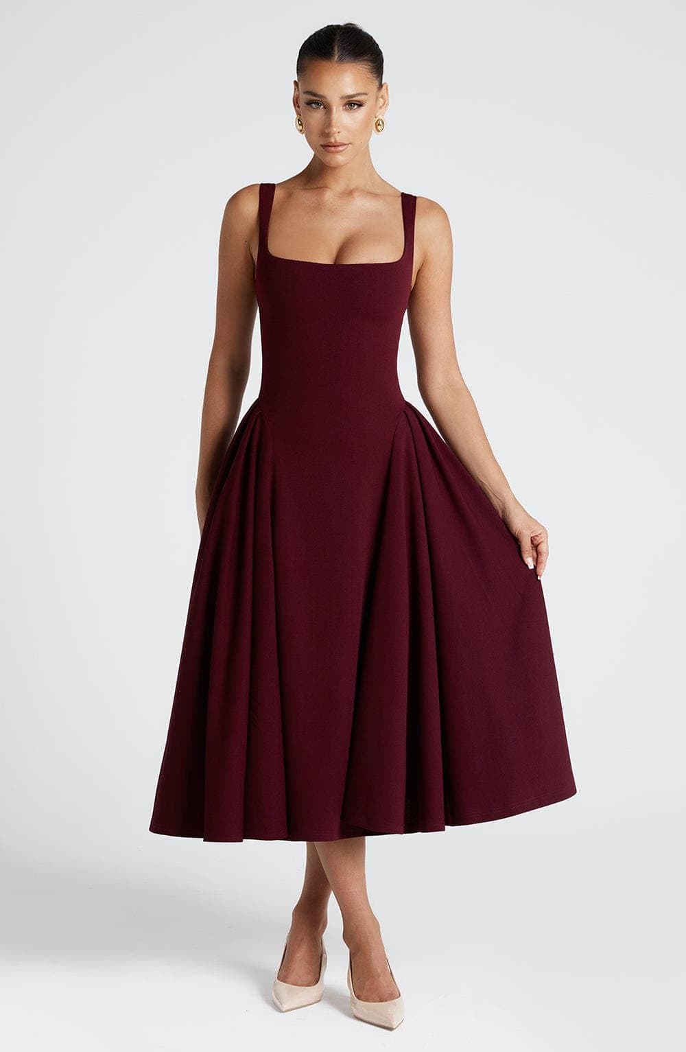 Betty Midi Dress in Cherry Lacquer - Stretch Crepe Square Neckline