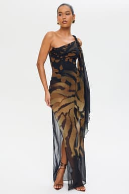 Solstice Maxi Dress - One Shoulder Twist Chiffon with Leg Split UK 8 145cm