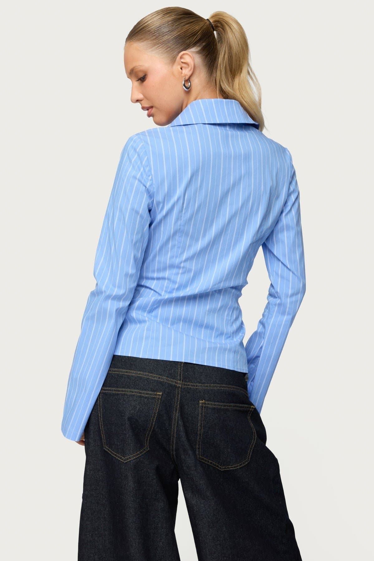 Pinstripe Tailored Button Up Shirt - Cotton Nylon Spandex Long Sleeve Men's