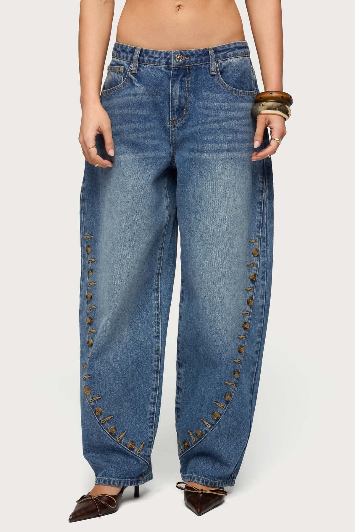 Button Stitch Low Rise Barrel Jeans in Rigid 100% Cotton Denim