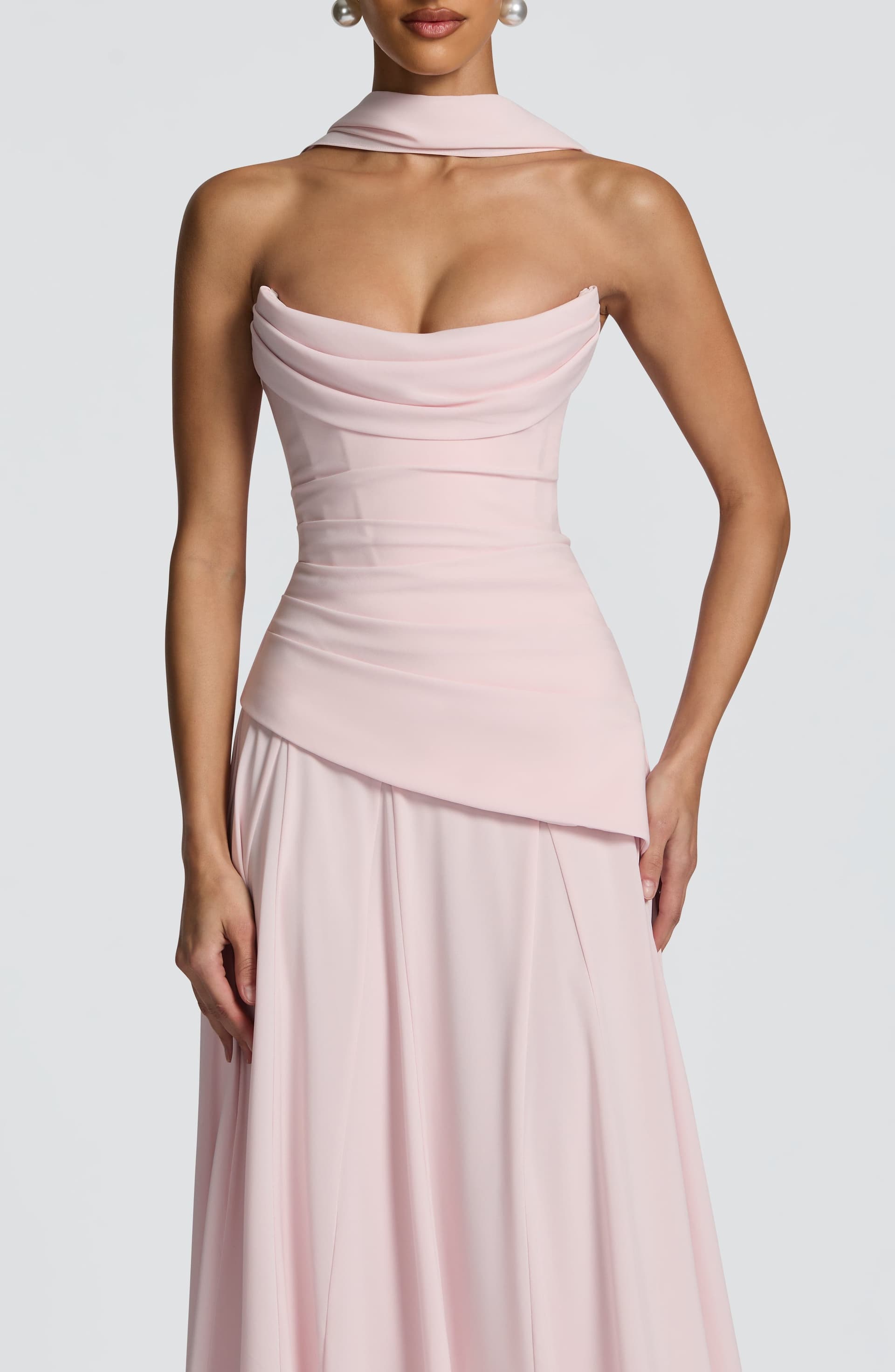 Patricia Maxi Dress - Blush Chiffon with Lace-Up Back, Scooped Neckline