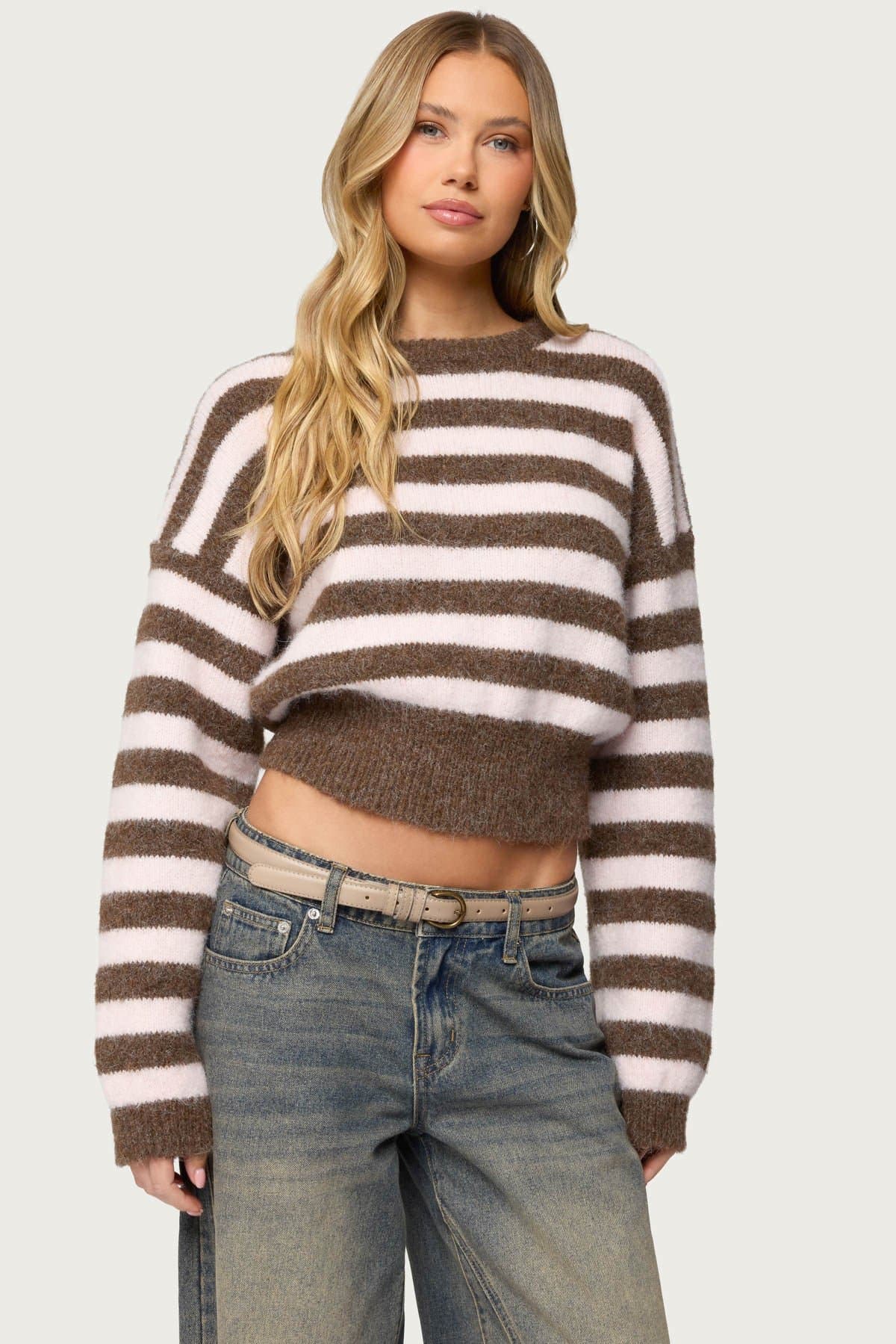 Penelope Fuzzy Striped Sweater - Polyester Nylon Wool Spandex Knit Top