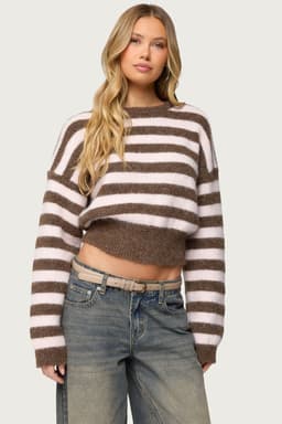Penelope Fuzzy Striped Sweater - Polyester Nylon Wool Spandex Knit Top