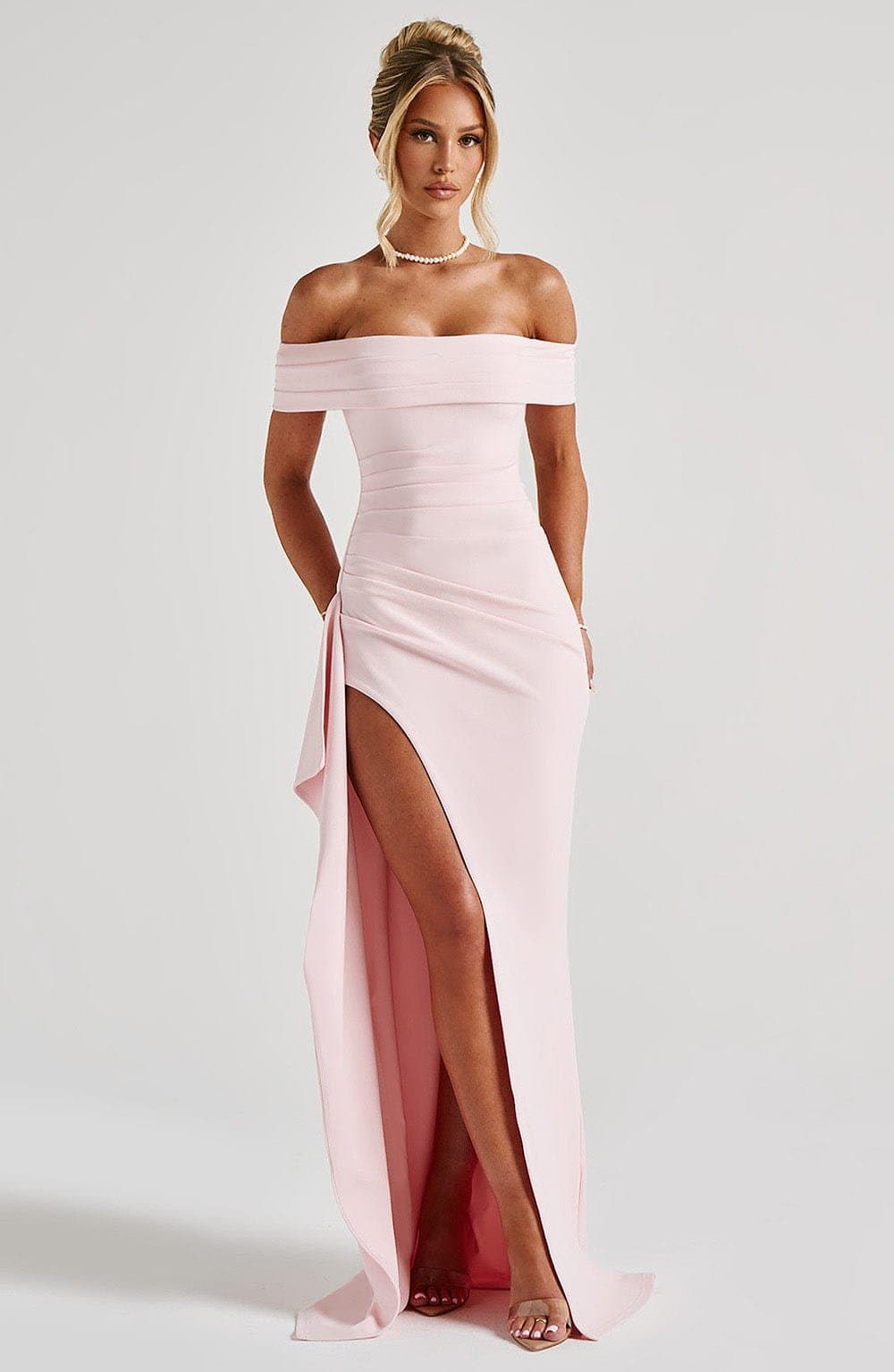 Joyce Maxi Dress Blush Pink Stretch Crepe Pleated Bardot Neckline Thigh Split