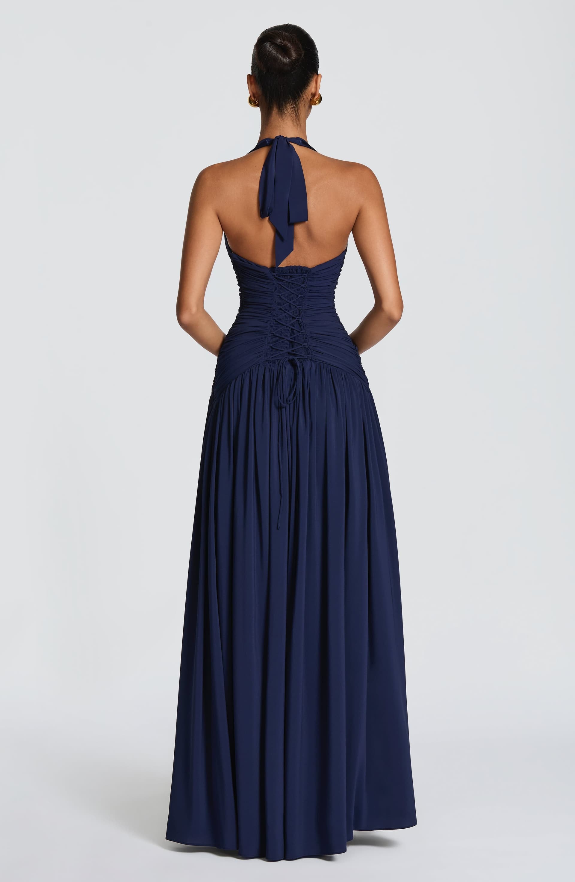 Amaris Maxi Dress - Navy Chiffon Plunge Halter Neck Thigh Split