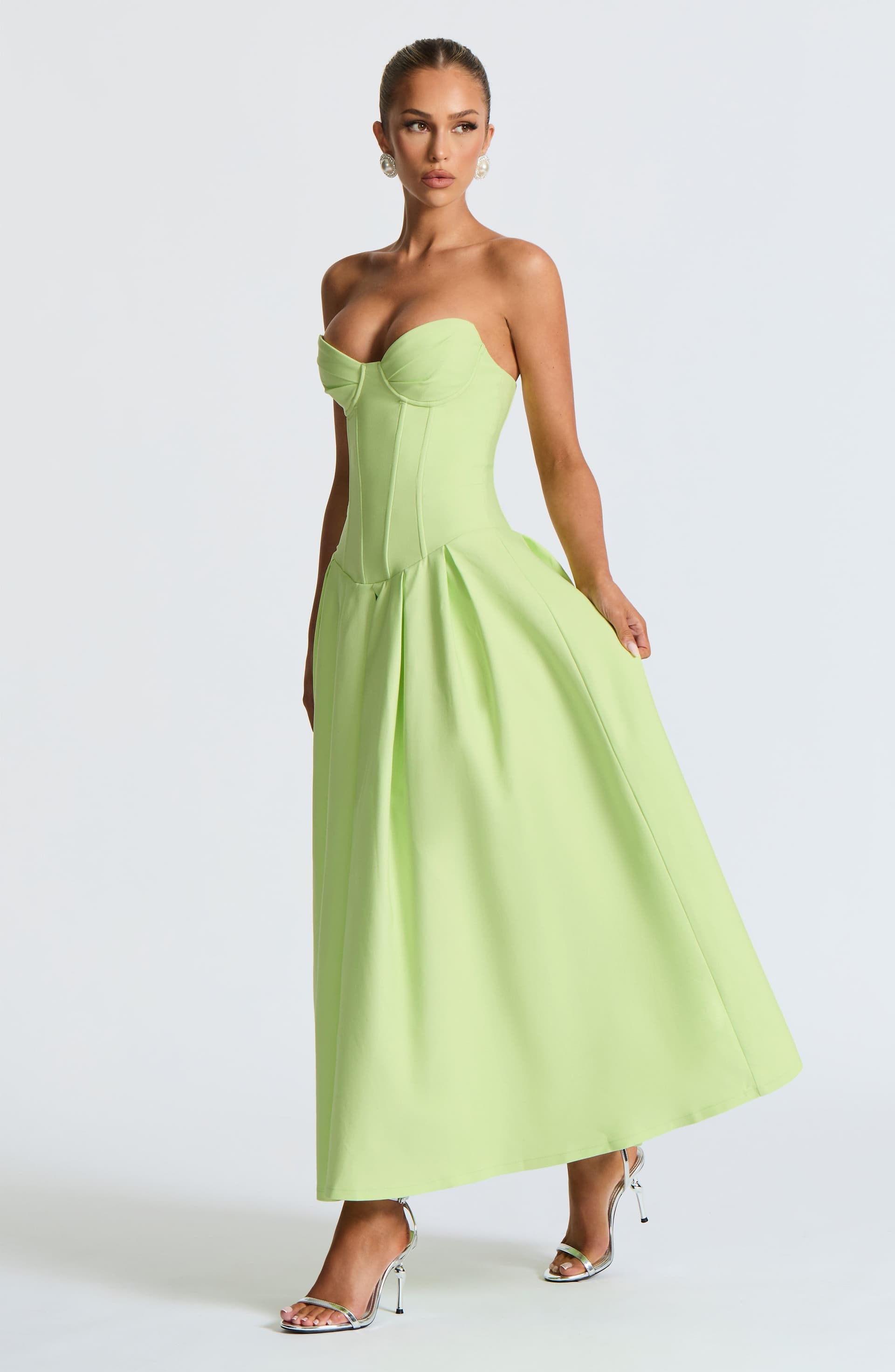 Salma Midi Dress Lime Green Stretch Bengaline Strapless Pleated Underwired