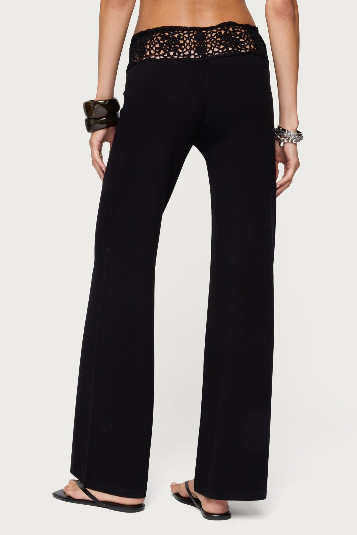 Kirsty Crochet Waist Knit Straight Leg Pants - Adjustable Tie Waist, Rayon Fabric, Size S Inseam 31.3"