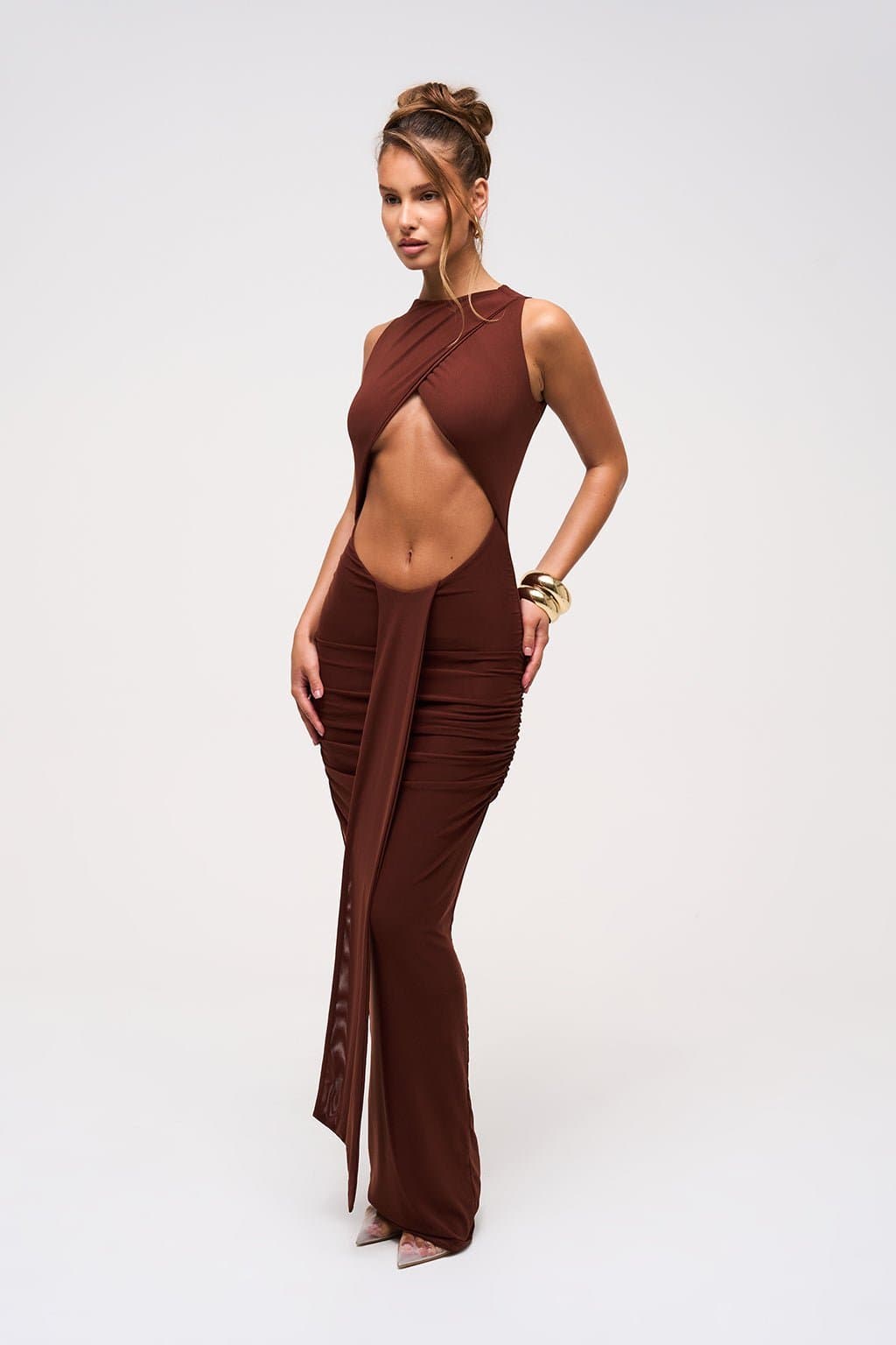 KAIA Drape Detail Maxi Dress in Cocoa Brown - Bodycon Fit with Cut Out and Ruching