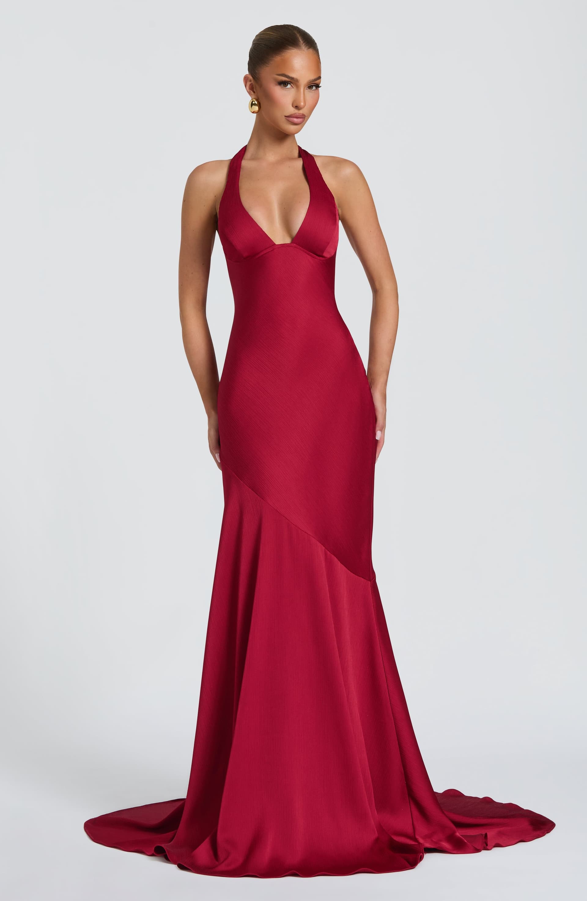 Kirsten Berry Gown Textured Satin Underwired Plunge Neckline Halterneck Floor-Length