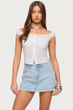 Laura Off Shoulder Dotted Cotton Top - Button Front Smocked Back