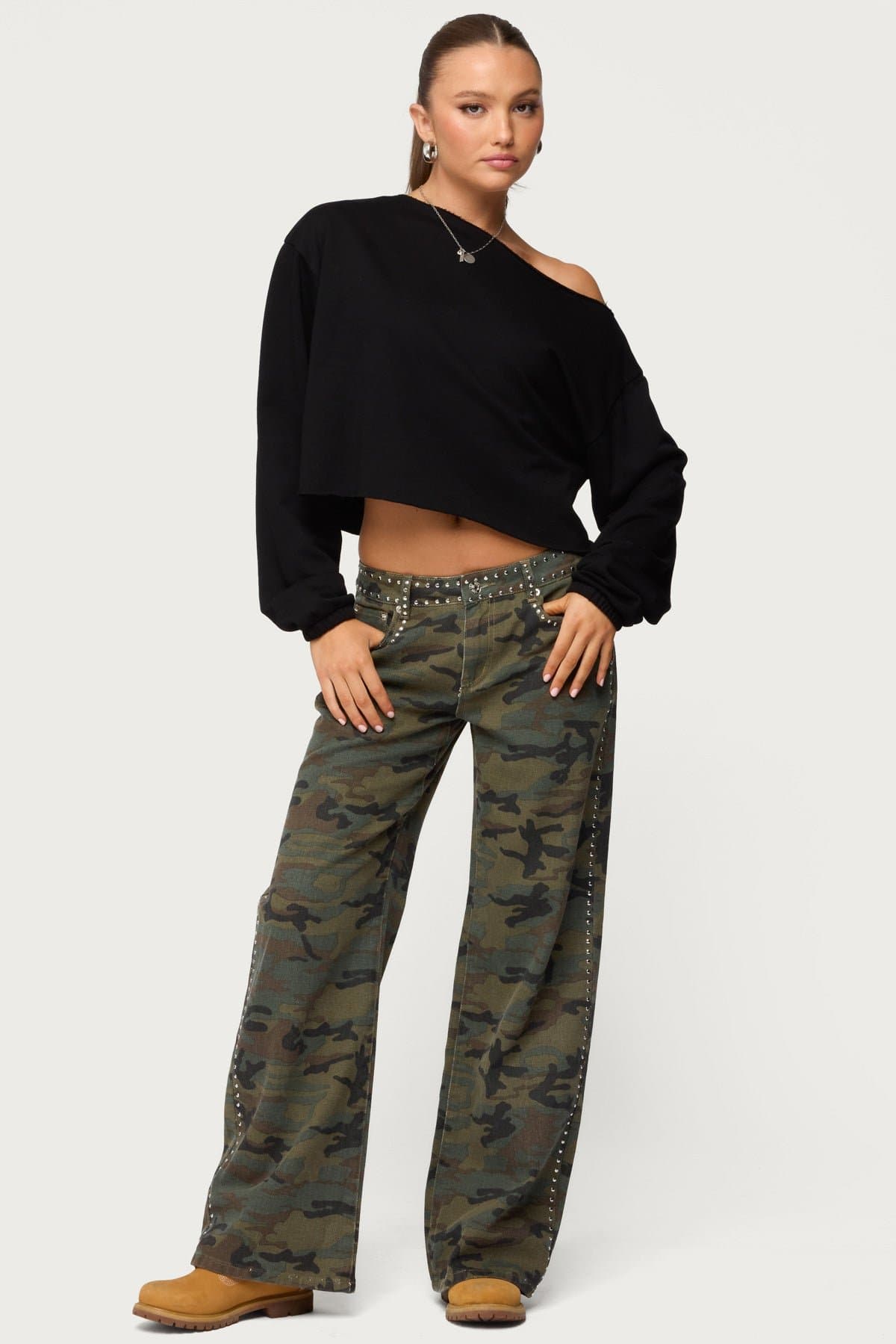 Quincy Studded Low Rise Baggy Jeans - Camo Print 100% Cotton Rigid Denim