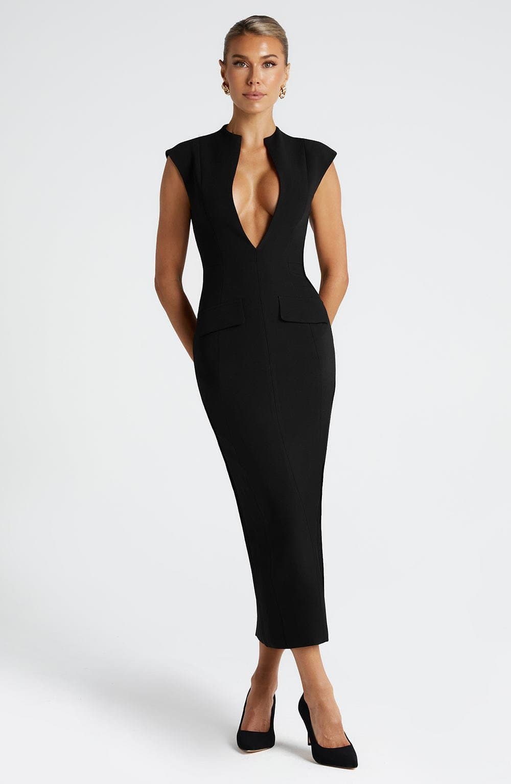 Nellie Midi Dress - Black Non-Stretch Crepe Pencil Skirt Plunging Neckline