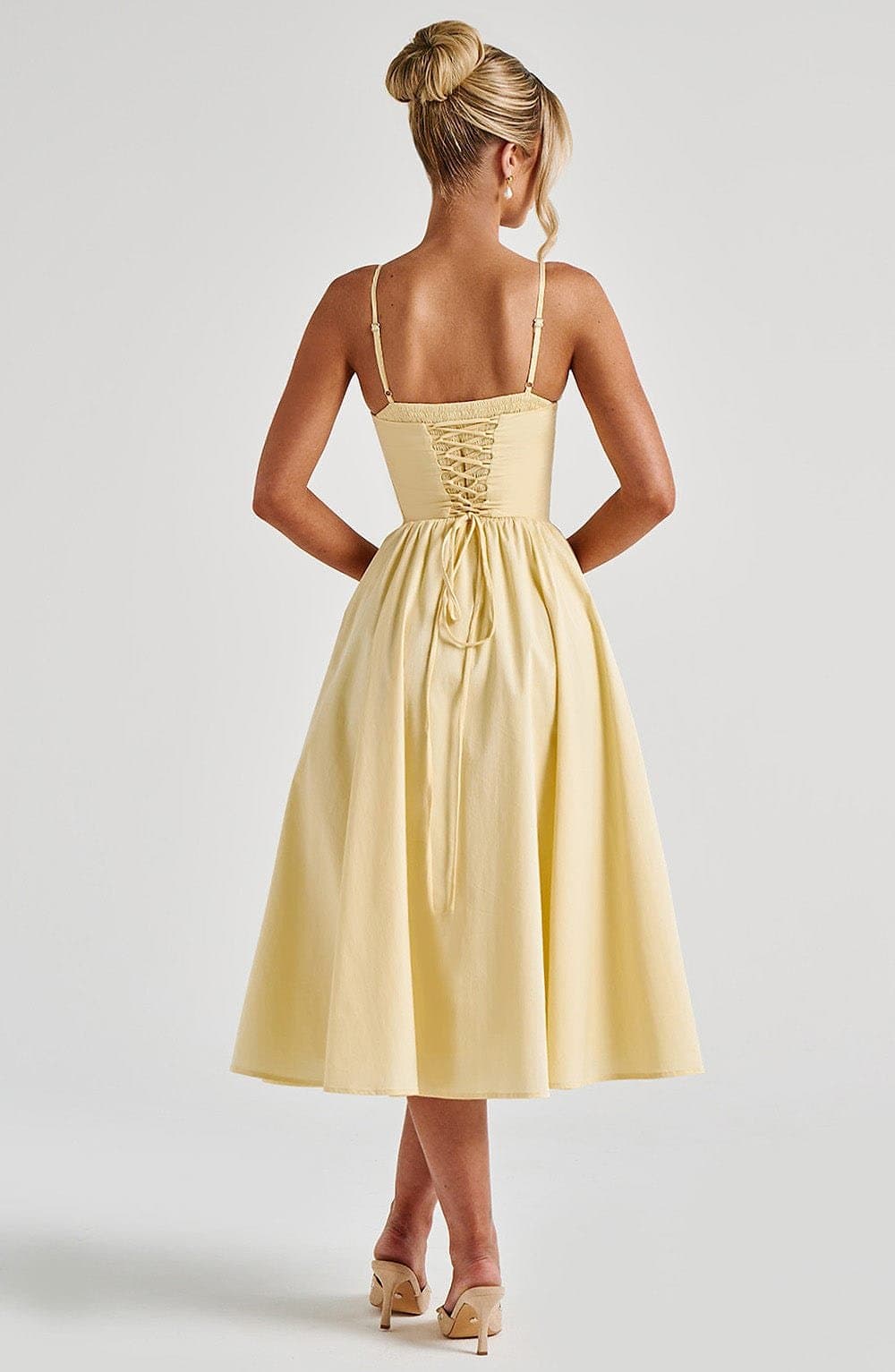 Mariella Midi Dress - Lemon - Sweetheart Neckline, Lace-Up Back, Cotton Nylon Blend