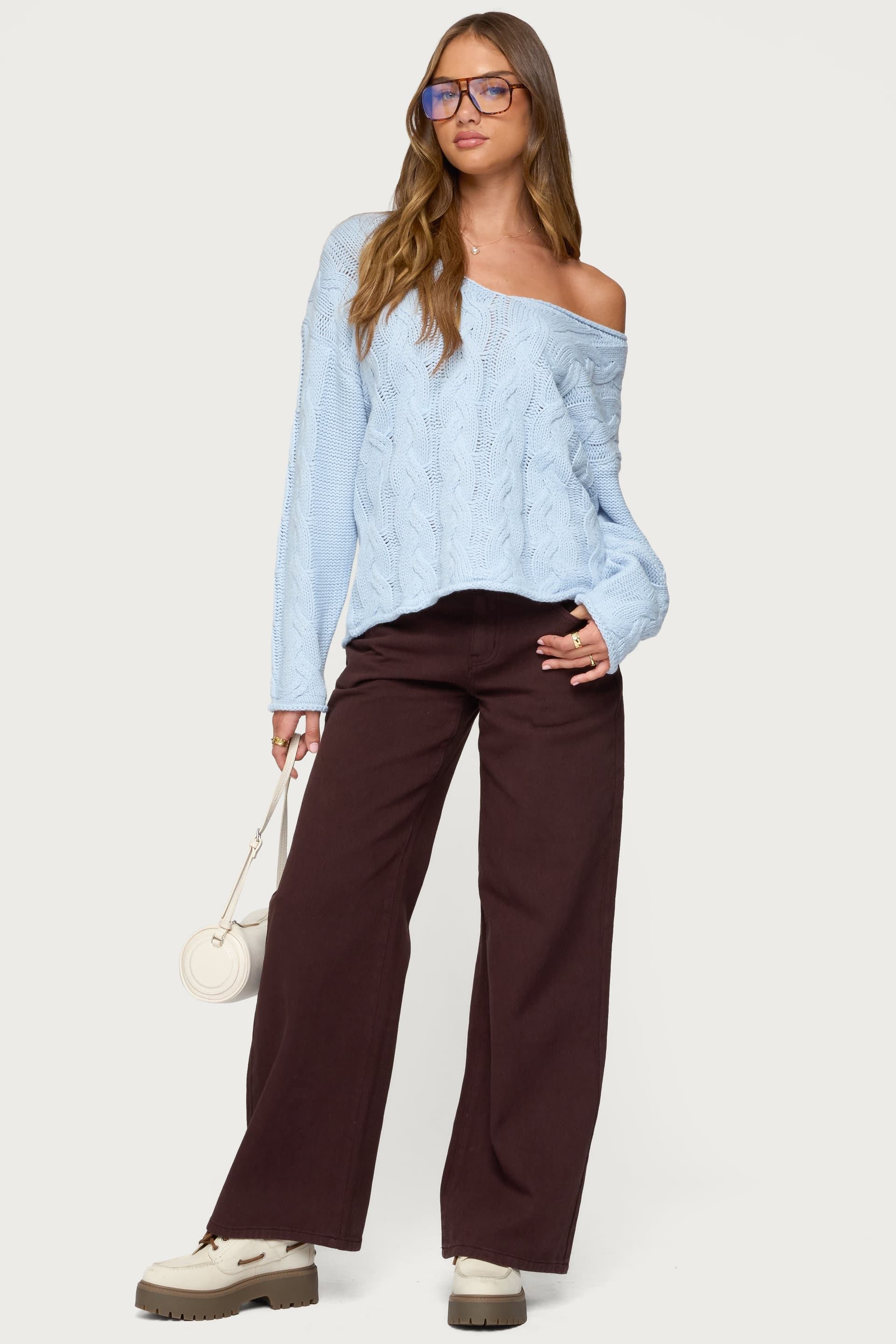 Inga Oversized Cable Knit Sweater - Deep V Neck Acrylic Sweater