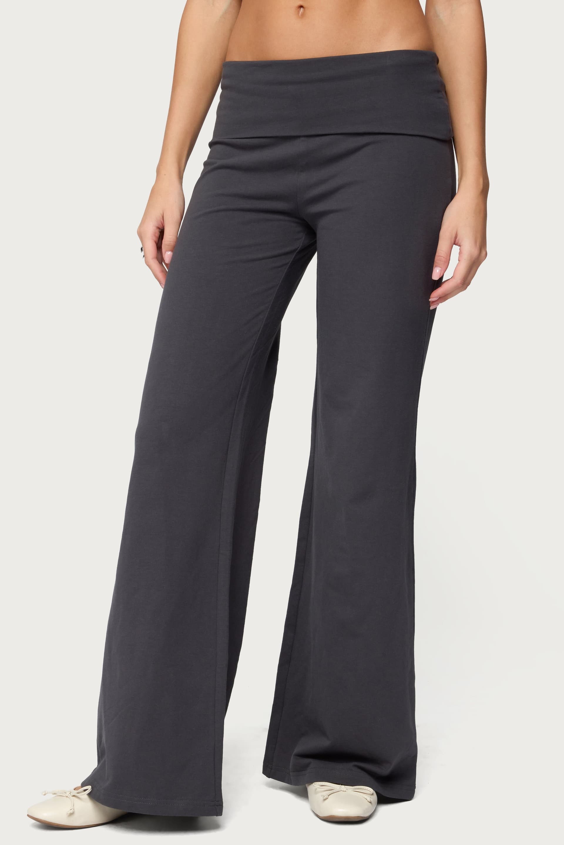 Wide Leg Foldover Pants - Cotton Spandex, Size S Inseam 31.1"