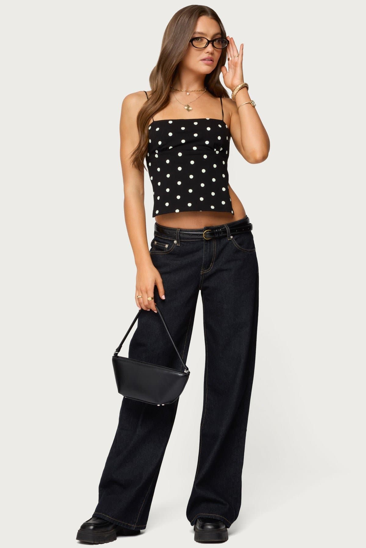 Jinx Open Back Top with Polka Dot Print, Shoe String Straps, Cotton Spandex