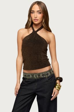Katalya Glitter Halter Top - Polyester Spandex Gathered Neck Tie Closure