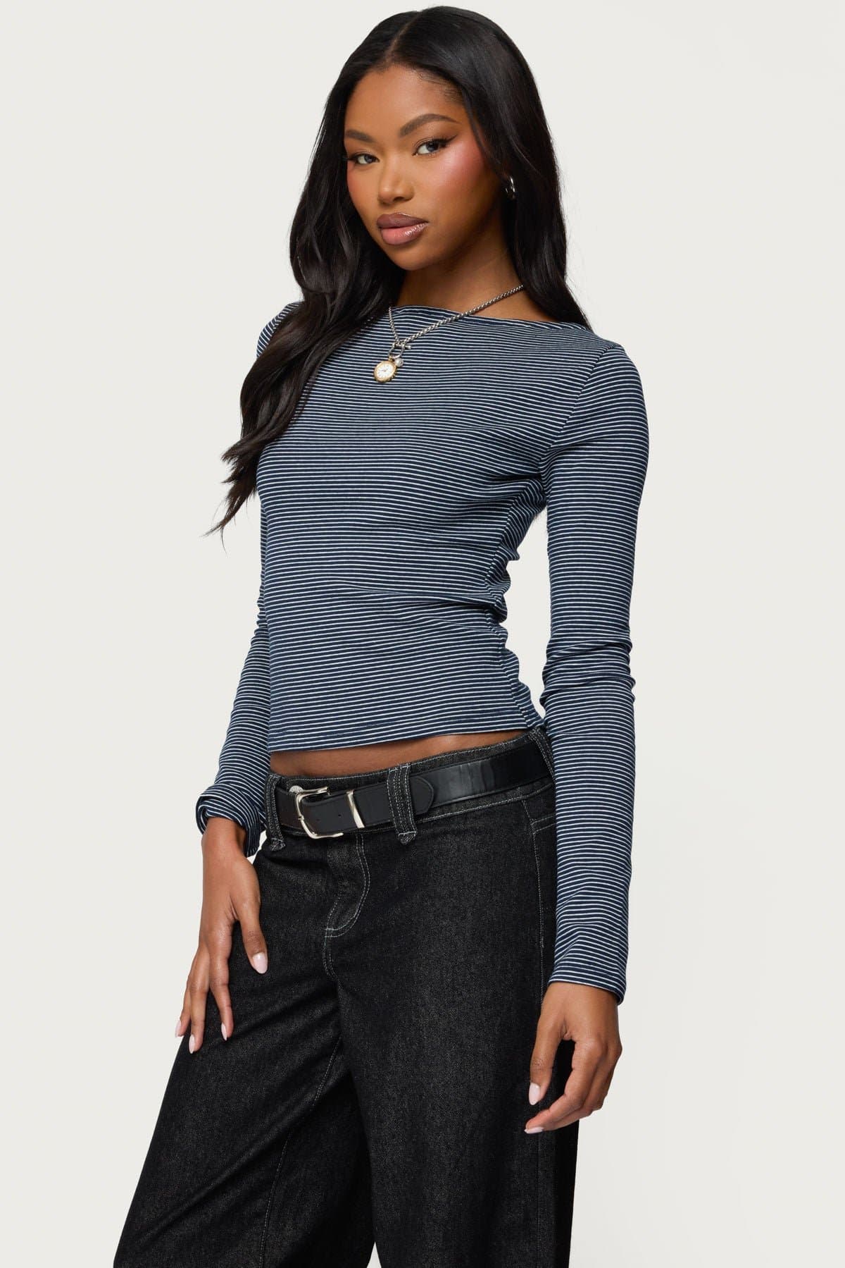 Loria Striped Boat Neck Long Sleeve Top - Cotton Spandex