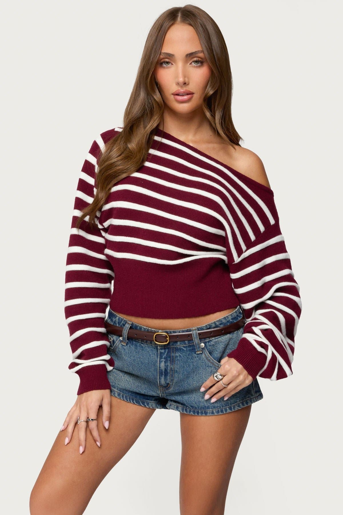 Mika Off Shoulder Oversized Striped Knit Sweater - Rayon Polyester Nylon