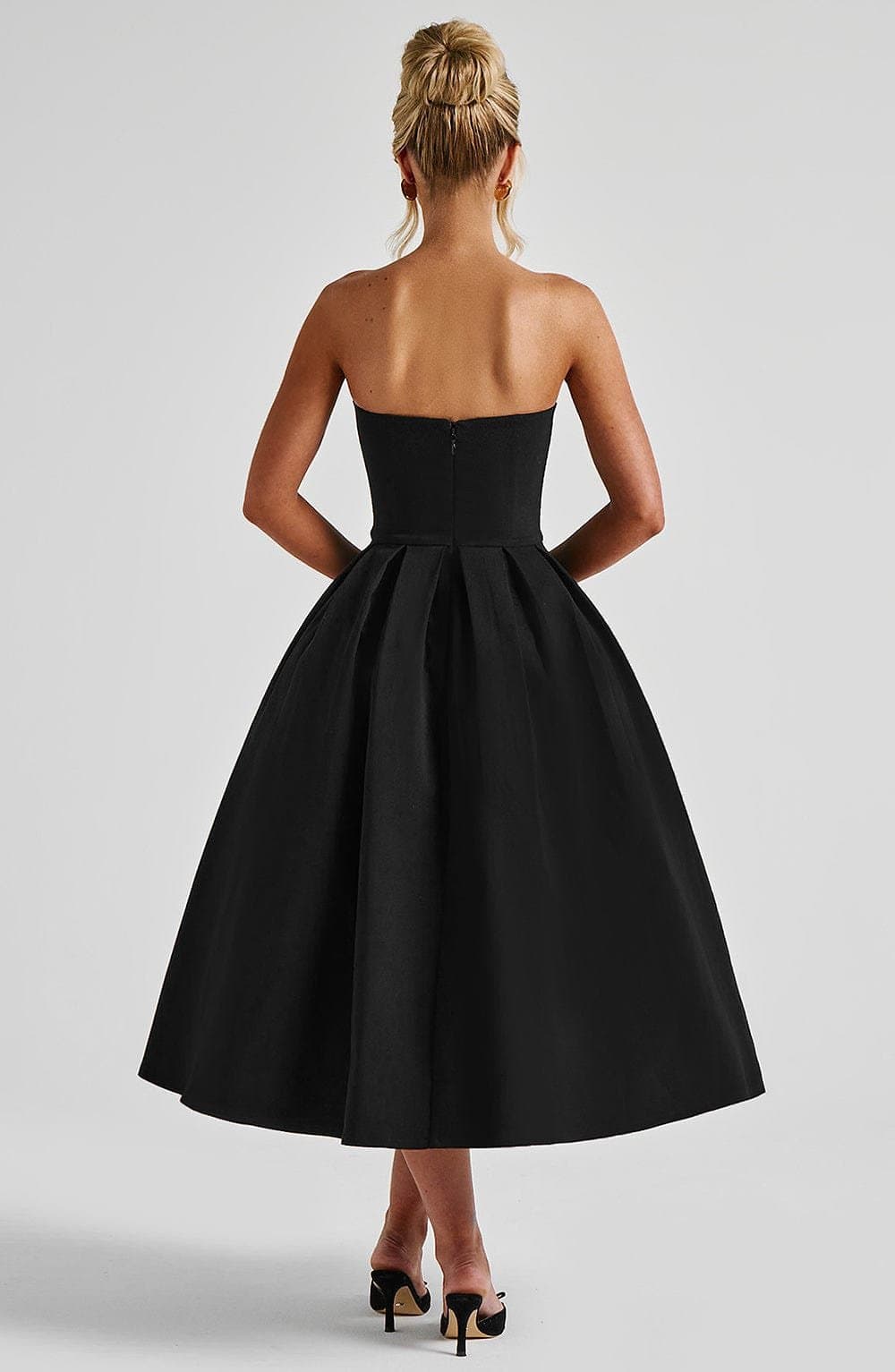 Edith Midi Dress in Black - Strapless Pleated Full Skirt Fully Lined