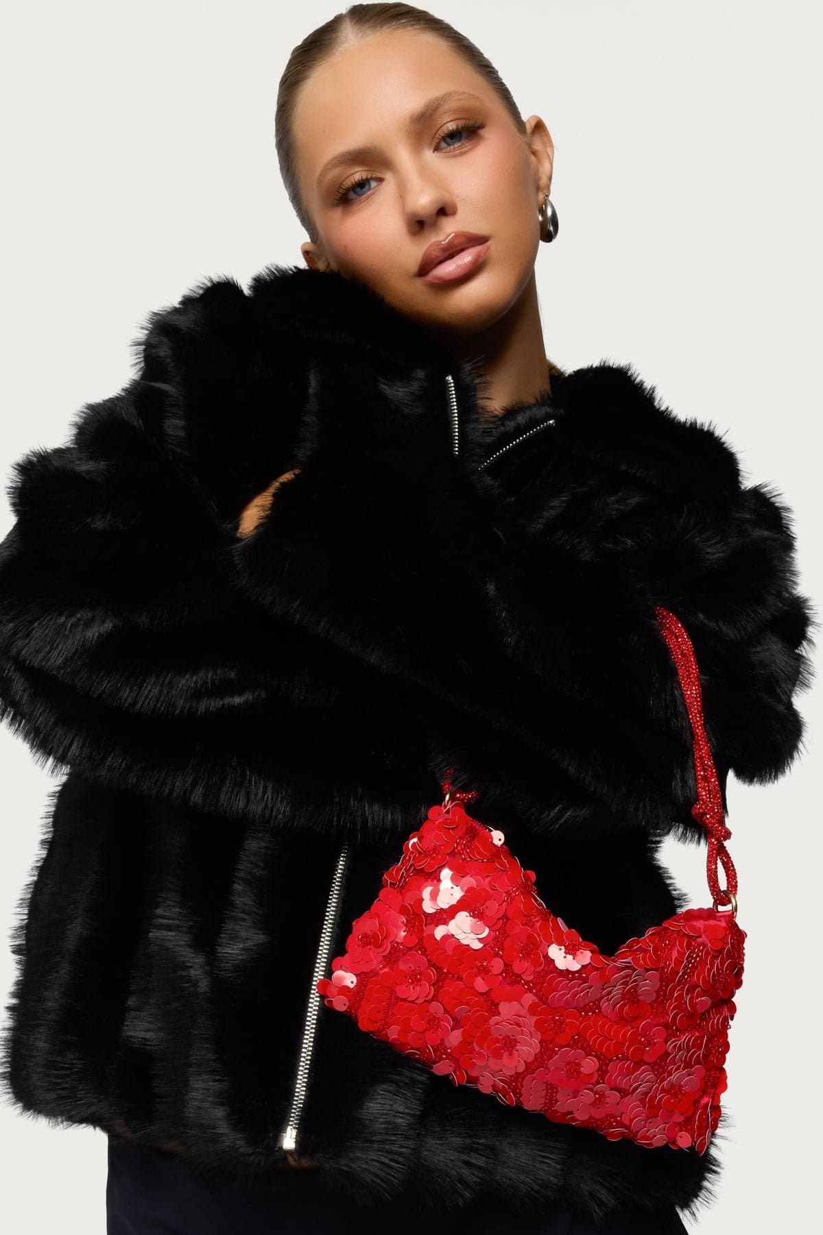 Glam Sequin & Bead Flower Polyester Bag - 9.1" W x 5.1" H x 1" D