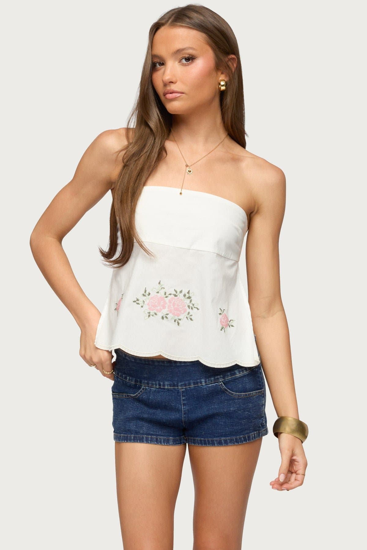 Shiri Floral Embroidered Backless Strapless Babydoll Top - Cotton Spandex