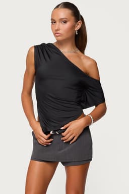 Katana Asymmetric Off Shoulder Top - Handkerchief Hem Nylon Spandex
