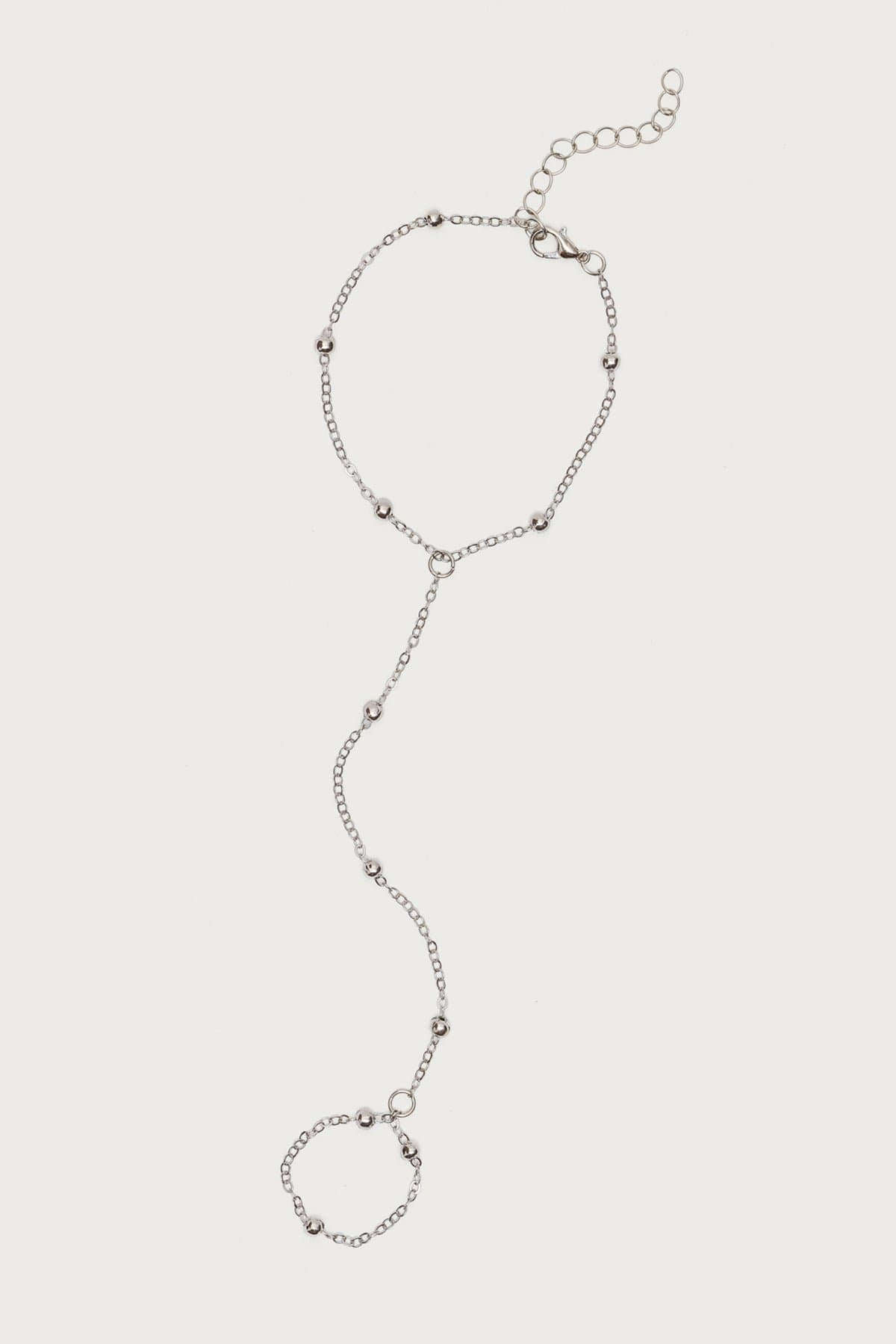 Silver Tone Metal Bead Hand Chain 9.8 Inch Length