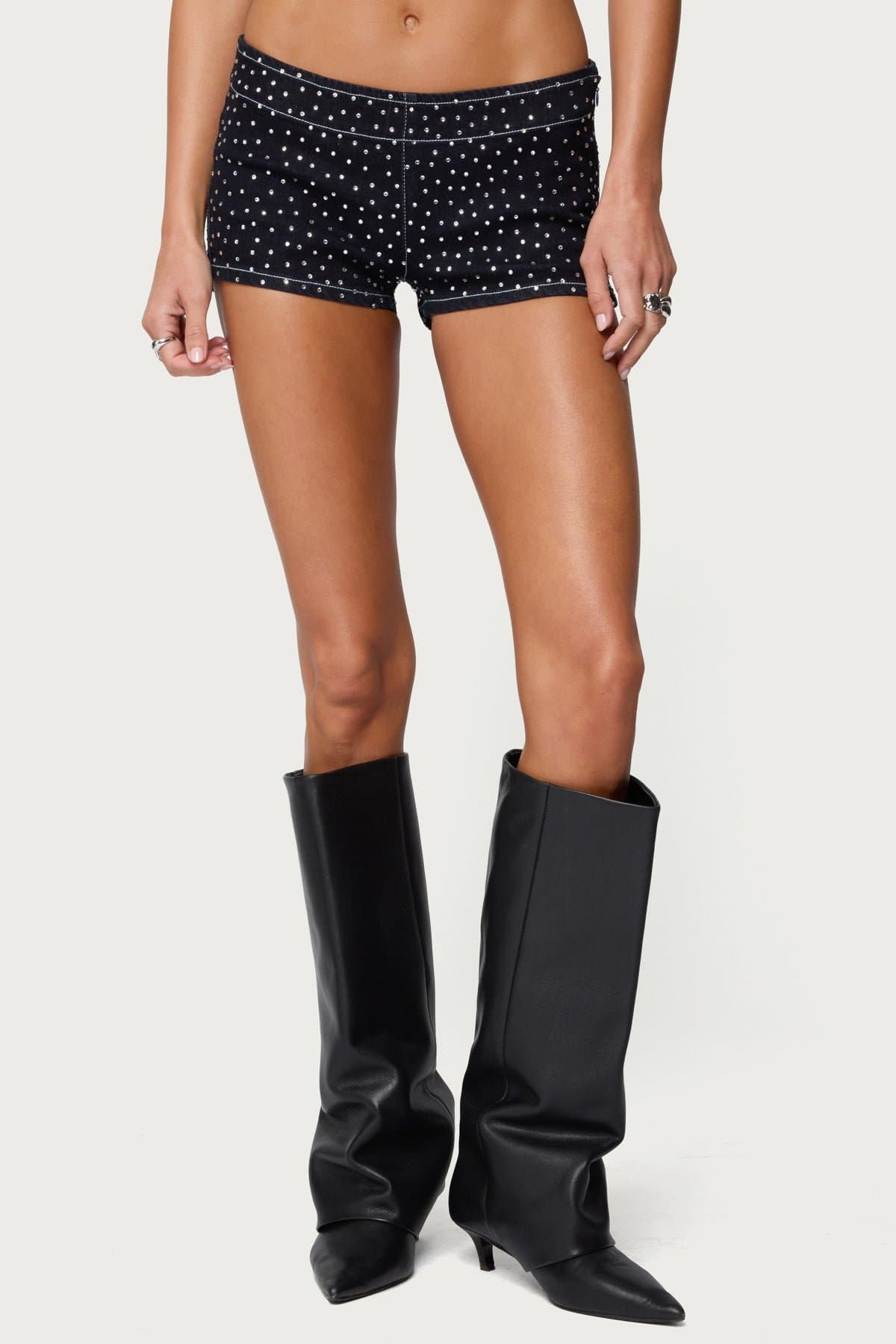 Moirah Rhinestone Denim Micro Shorts - Low Rise, Side Zip, Cotton Polyester Spandex