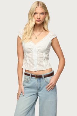 Dolsy Button Up Top - Wide V Neck, Short Puff Sleeves, Eyelet Cotton