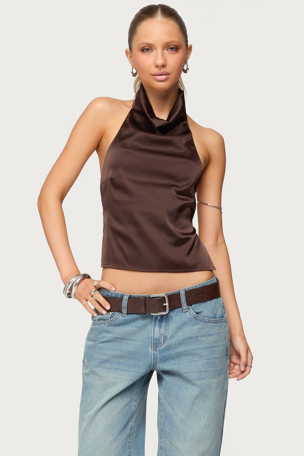 Satin Effect Backless Cowl Neck Top with Adjustable Straps - Polyester Spandex