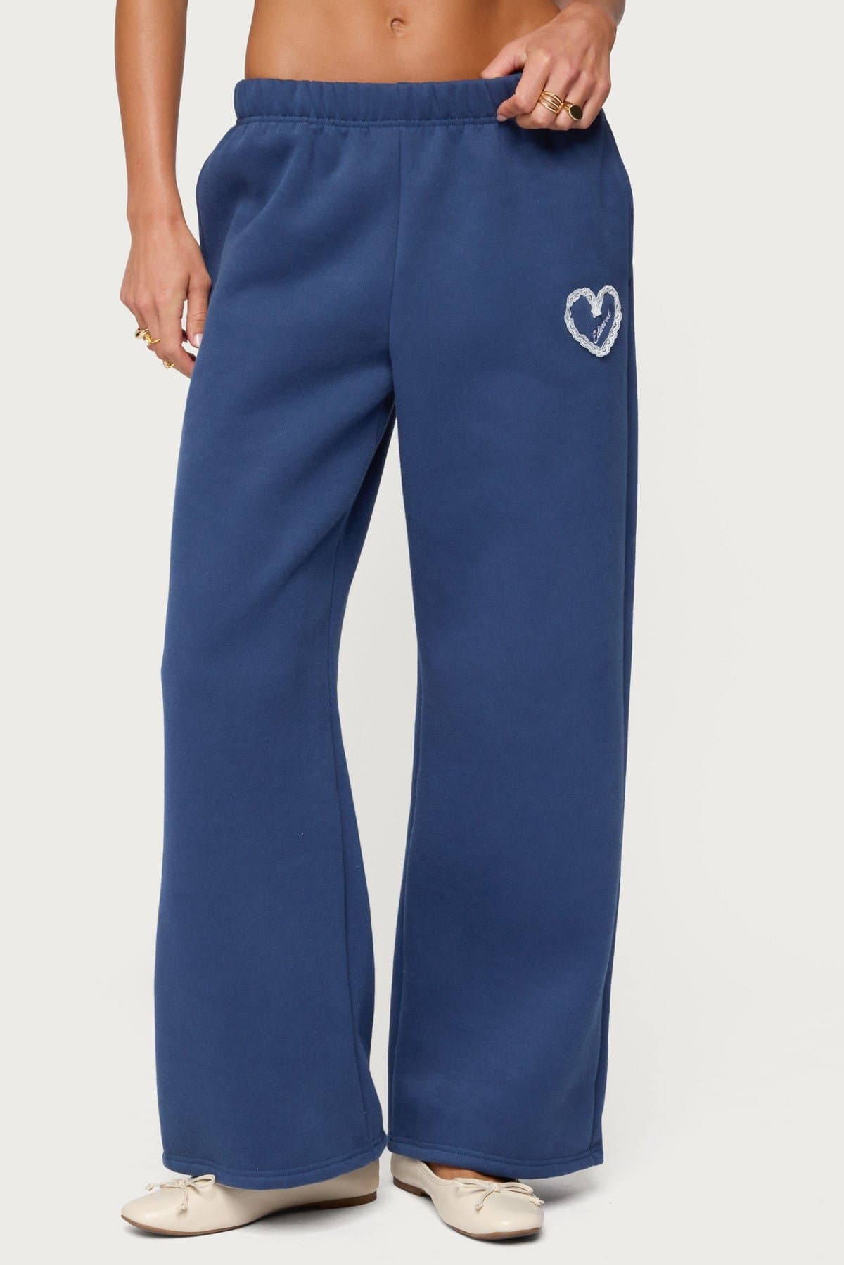 Love Edikted Wide Leg Sweatpants with Lace Heart Patch