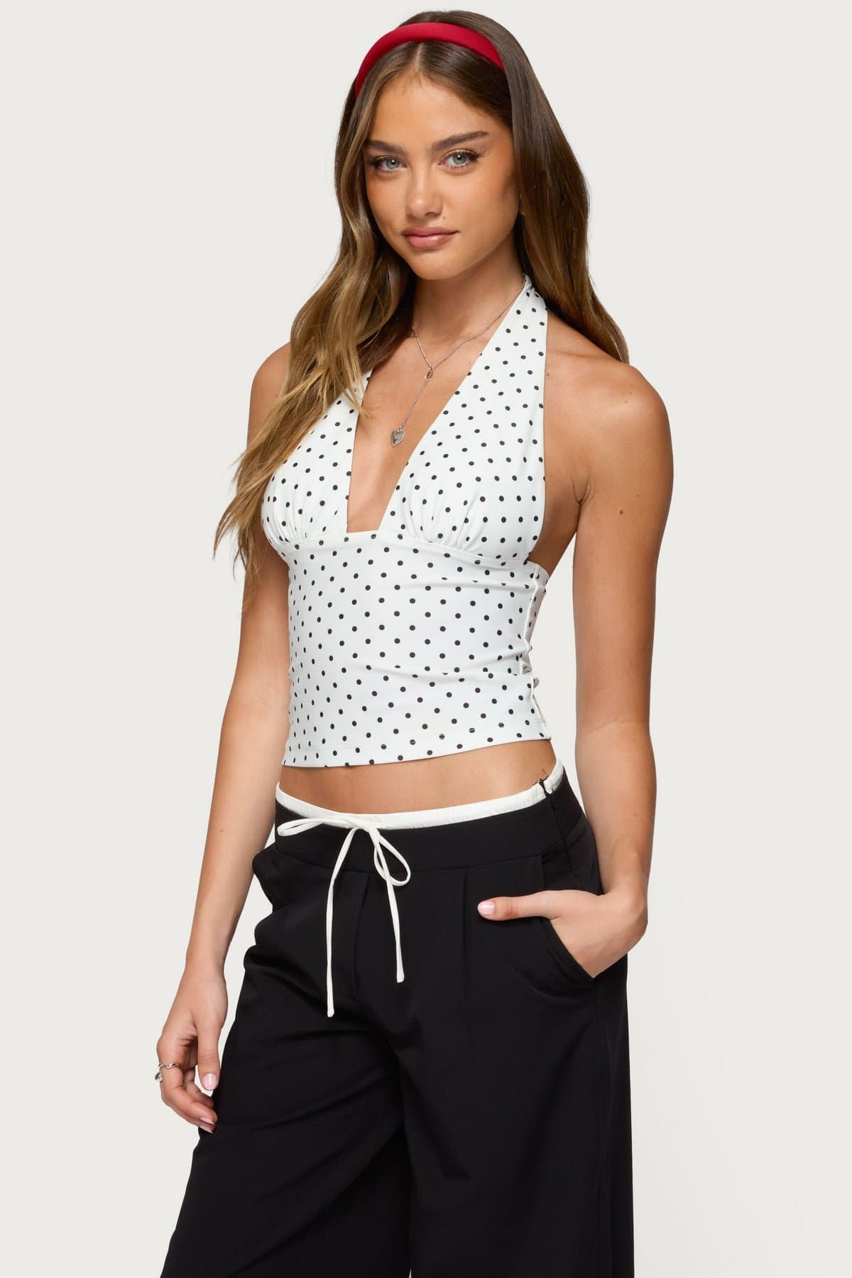 Blaire Polka Dot Halter Top with Neck Tie Closure and Plunging Neckline Polyester Spandex