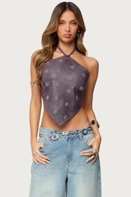 Shila Studded Faux Leather Backless Halter Top - Polyurethane Rayon
