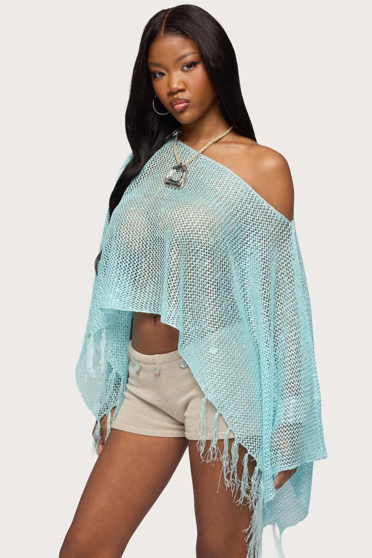 Sequin Fringe Knit Poncho - Boat Neckline, Open Knit Polyester