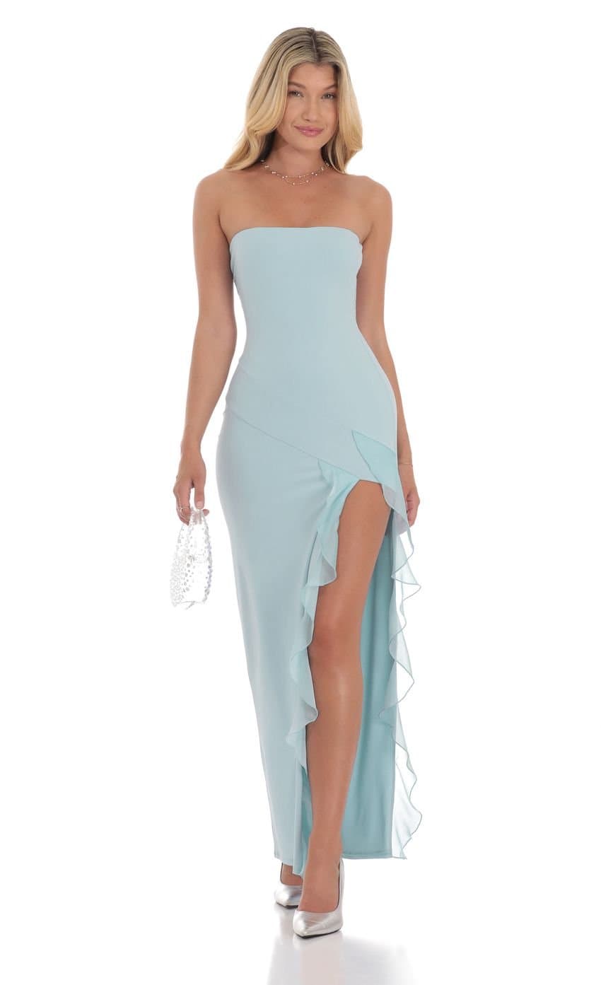 Strapless Ruffle Slit Dress in Blue