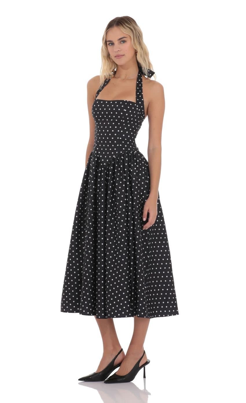Polka Dot Halter Midi Dress in Black